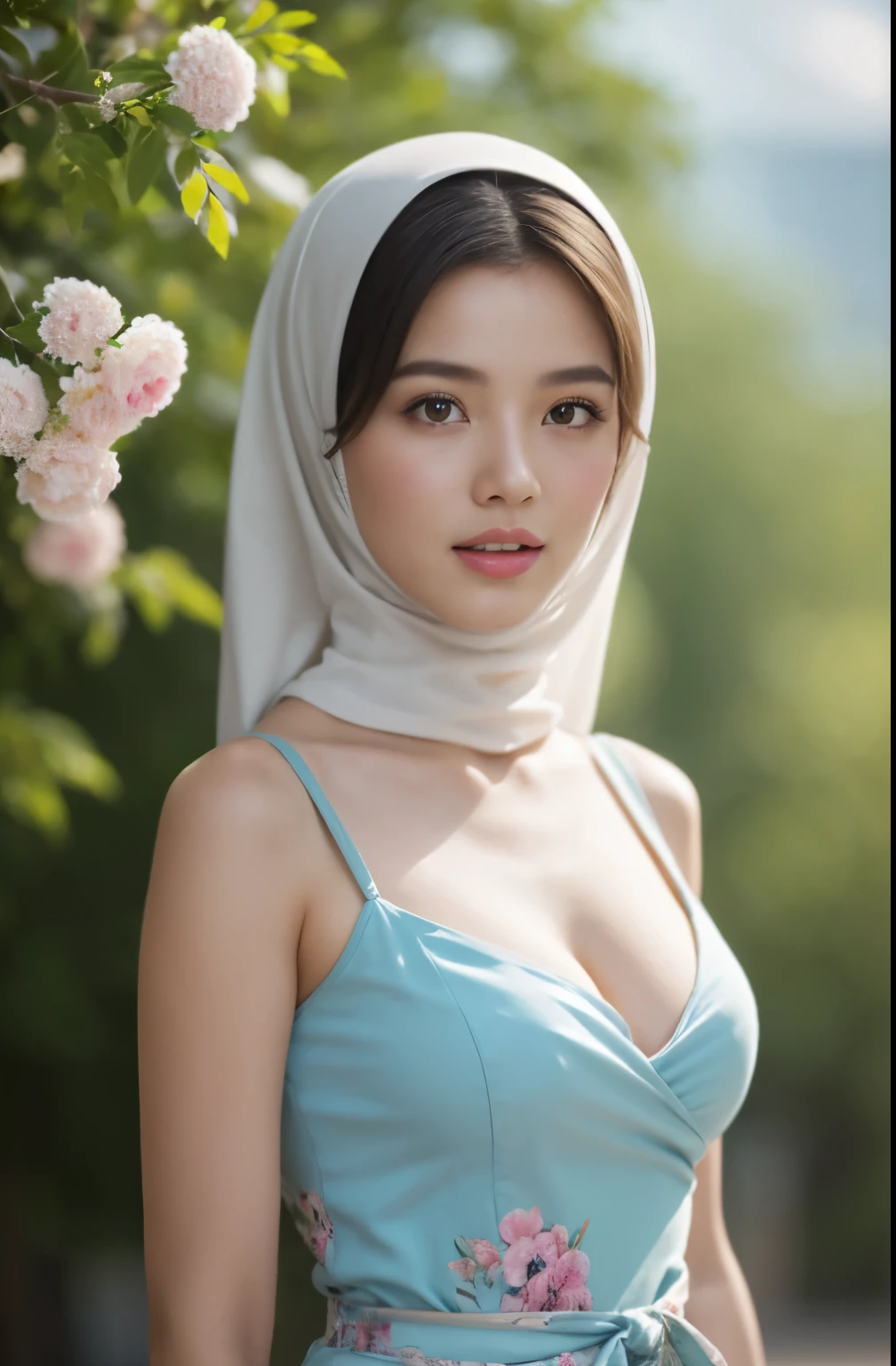 1 malay girl, hijab, shy, medium portrait, middle portrait, upper lower body, watery eyes, droopy eyes, watery, lip gloss, aroused facial expressions, big round breasts, breasts out, exposed breasts, naked, naked, slim body  , thick pussy, white milky fluid coming out of her crotch, bracelets, lipstick, make-up, make-up, eyelashes, flower garden background, bokeh background, proportional body, sexy seducing poses, nude