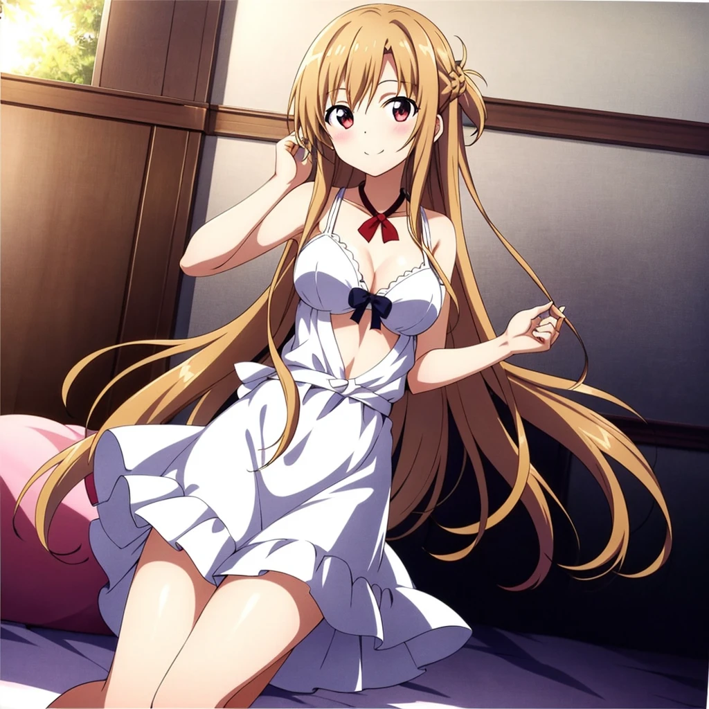 (extraordinary、Best aesthetic、new、up to date、best quality、masterpiece、very detailed、anime、wife:1.2)、1 girl、yuuki_asuna、solo、white bra、Living room background、white panties、smile、nude