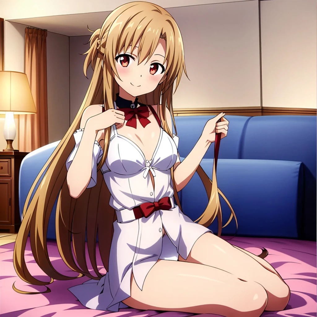 (extraordinary、Best aesthetic、new、up to date、best quality、masterpiece、very detailed、anime、wife:1.2)、1 girl、yuuki_asuna、solo、white bra、Living room background、white panties、smile、nude