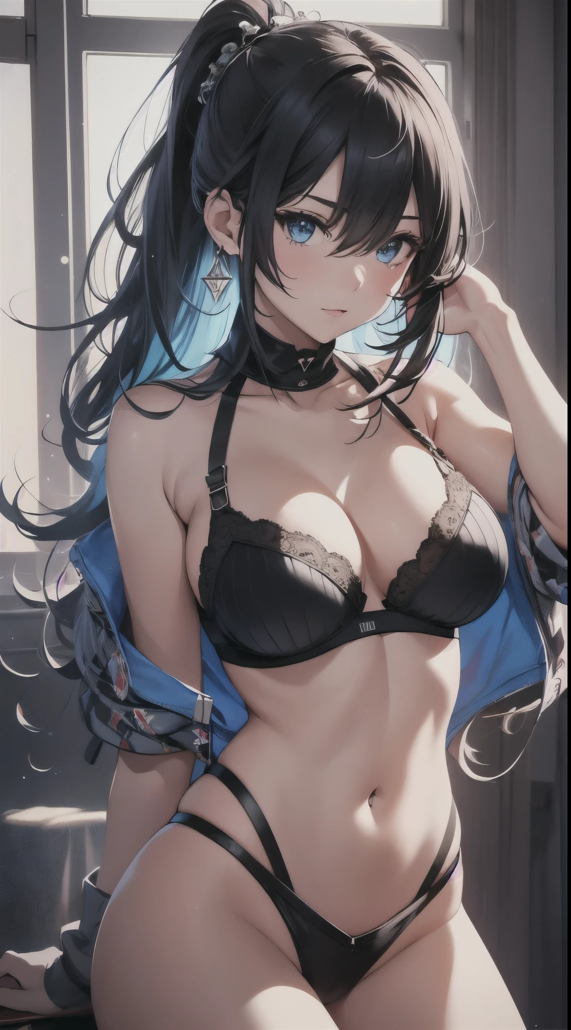 top quality、Top image quality、​Masterpiece、girl with((cute little、18 years old、best bust、medium bust、Bust 85,beautiful blue eyes、Breasts wide open,Black hair ponytail、A slender one、Blue hairnet、Black bandana、Red sports bra、White robe、fighting stance)）high quality、beautiful art、background with((big white room、white lighting)),on the table、Well-designed、visual art、depth of field、best lighting、most detailed、8ｋ