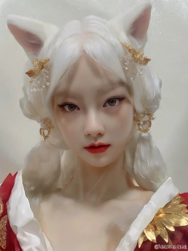 a close up of a doll with white hair and a red dress, white cat girl, pale milky white porcelain skin, white hime cut hairstyle, pale porcelain white skin, she has elf ears and gold eyes, guweiz masterpiece, guweiz, porcelain white face, white fox ears, porcelain white skin, ball jointed doll, white ( cat ) blackpink rosé