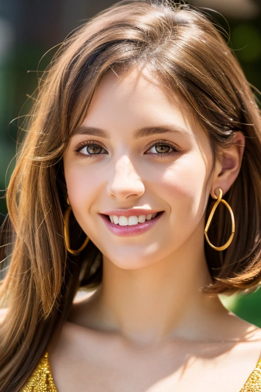 medium hair, light brown hair, amber eyes, hoop earrings, smile, Surrealism, depth of field, letterboxed, first-person view, UHD, masterpiece, textured skin, high details, best quality, 8k