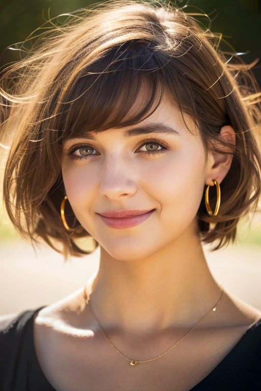 medium hair, light brown hair, amber eyes, hoop earrings, smile, Surrealism, depth of field, letterboxed, first-person view, UHD, masterpiece, textured skin, high details, best quality, 8k