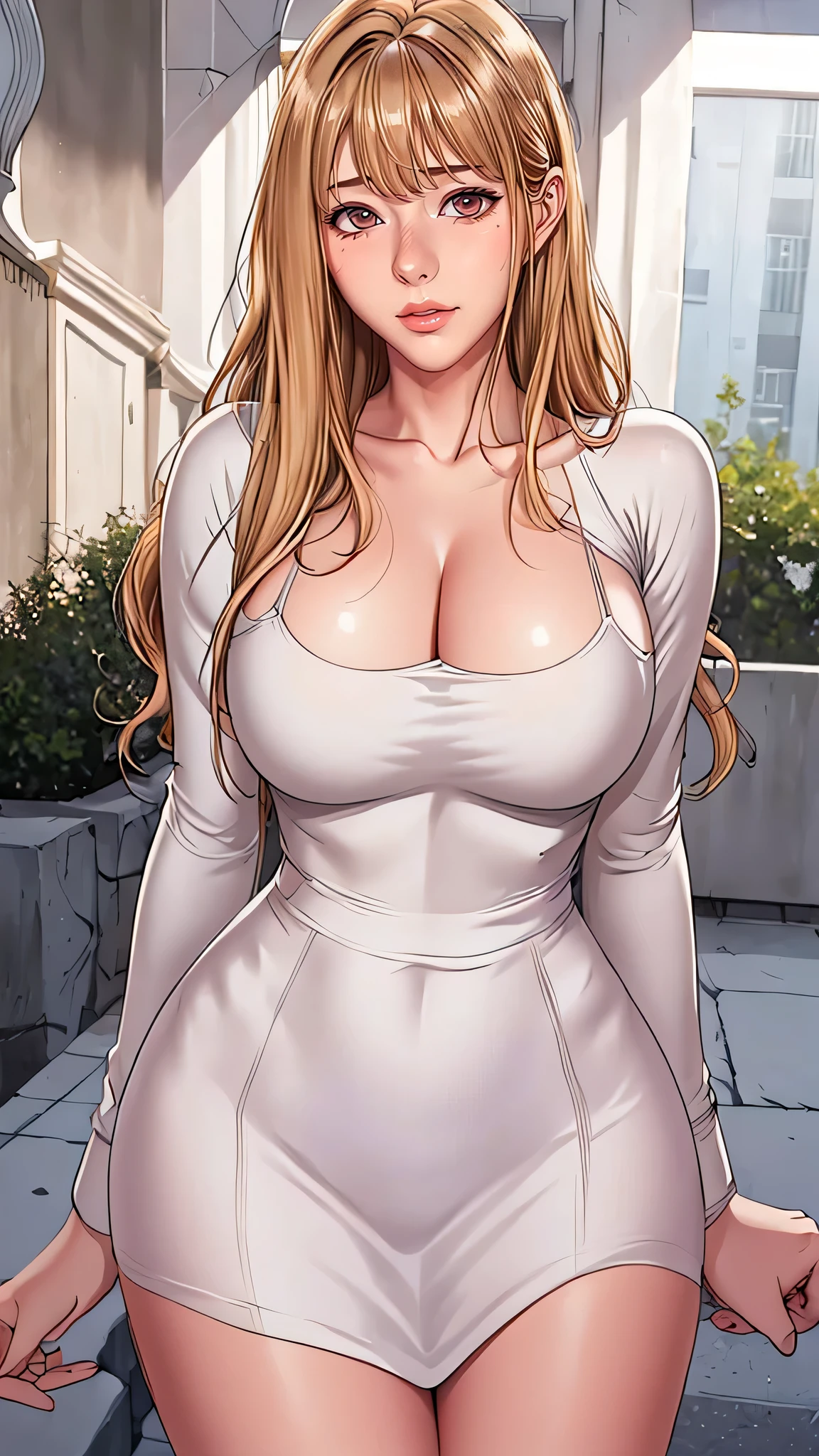 （（（aldult,blonde hair,long hair,brown eyes, （（（Denia，Manha，White shirt,pencil skirt,black pantyhose, ））），（（（wide hips））），S-shaped body:1.7））），((masterpiece)),high resolution, ((Best quality at best))，masterpiece，quality，Best quality，（（（ Exquisite facial features，looking at the audience,There is light in the eyes，Ha ha，blush，Shy ））），（（（Light and shadow interlace，huge ））），（（（from below，）））