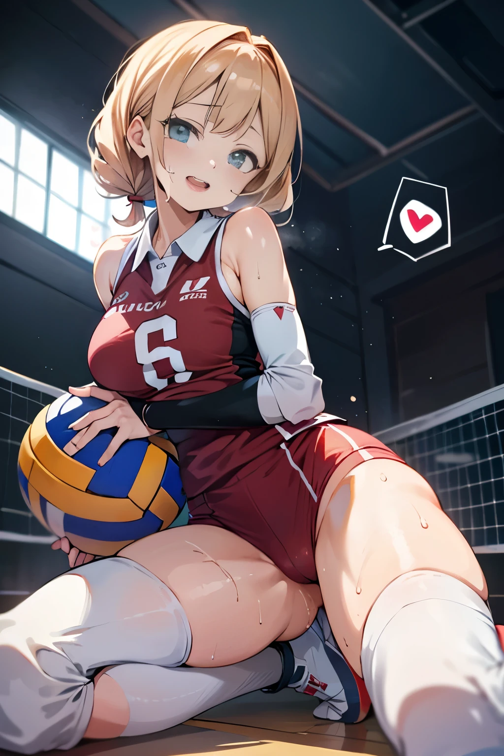unity 8k wallpaper, anatomically correct, (((masterpiece))), (((best quality))), (((ultra detailed))), (((high-resolution))), ((anime illustration)), ((Ultimate cutie)), anime girl, perfect hands, perfect finger, (((good anatomy))), detailed beautiful face, shiny hair, (((gyaru))), (potbelly), (curvy), medium breasts, ((Thick thighs)), (((solo))), ((seductive smile)), (((blush))), (half open mouth),
BREAK, (((sit astride the perfectly spherical shape 6-inch volleyball))), (((Straddling a perfectly spherical 6" volleyball))), (((Perfectly spherical 6" volleyball fits perfectly crotch))), BREAK, (((Rub the Perfectly spherical 6" volleyball against crotch))),
BREAK, (Collared volleyball uniforms), sleeveless, ((buruma)), ((kneepad)), pussy juice stained, (elbow pad), (((sweat))), (((covered in sweat))), ((deep breathing)), in Volleyball Court, indoor, lighting, looking at viewer, full body, (spoken heart)
