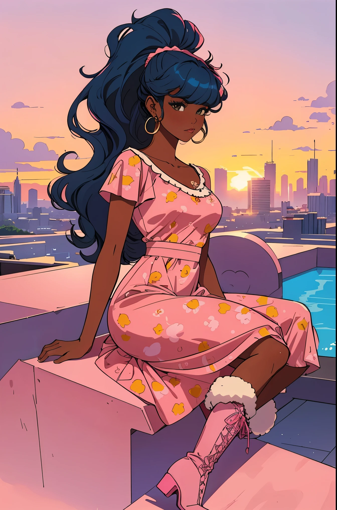 (best quality:1.1),original,1girl,chic,trendy,afro,dark skin,makeup,1970's, blue hair, brown eyes An illustration of african american woman with natural hair, in the style of ross tran, a pink dress with a cute cloud print and cute pink boots, a gorgeous woman with extremely long hair in a ponytail with bangs, sitting on a soft pink cloud looking at a distant magical city far beneath her, at sunset --ar 2:3 --v 6.0 pink and orange, jessica drossin, bold block prints, michael malm, bold yet graceful, bold traditional