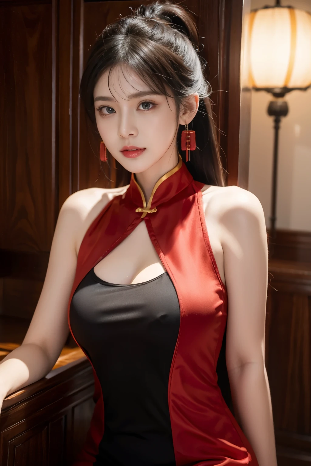 vibrant colors, female, masterpiece, sharp focus, best quality, depth of field, cinematic lighting, white hair, red eyes, braid, dress, long hair, red eyes, tattoo, earrings, jewelry, black dress, hair ornament, bangs, chinese clothes, breasts, china dress, sleeveless, 