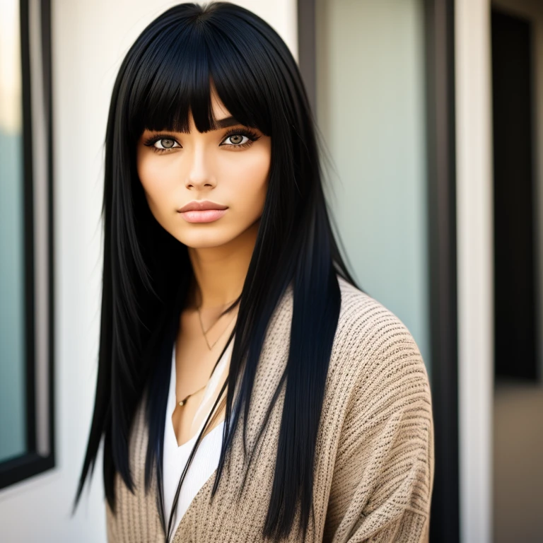 a women with long black hair,slanted eyes,monolid,Blunt bangs