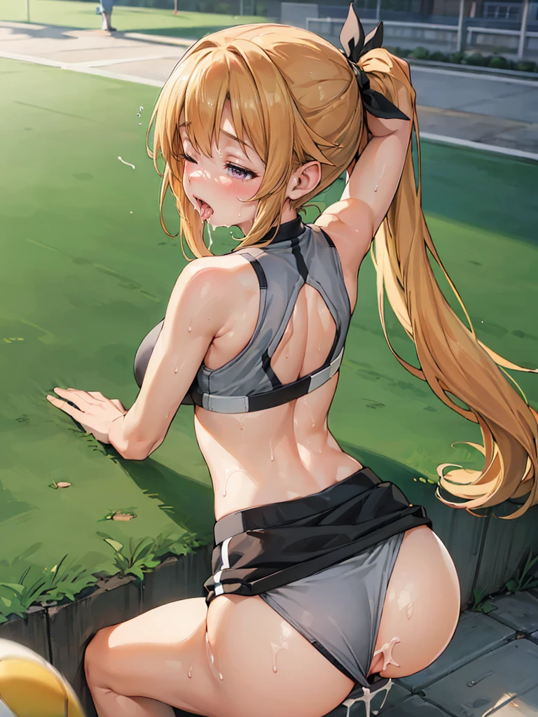 nsfw,(masterpiece, best quality:1.4), (absurdres, absolutely resolution, highres, extremely detailed), BREAK (1girl, beautiful girl, cute girl, shiny body, shiny skin, small breasts), (orange long straight hair, dark purple eyes), BREAK (gray sports bra and sports panty:1.5),(undress),BREAK (all fours:1.5), sweat, open mouth, (soccer football ground:1.2), BREAK (cowboy shot:1.2), (back shot:1.4), (looking back:1.2),BREAK(bukkake:1.2),(cum on butt:1.2), (feel good),(one eye closed),(out tongue),(ass),BREAK (perfect anatomy, perfect arms, perfect hand, perfect finger, perfect legs:1.6),(sex,back,pov:1.3),