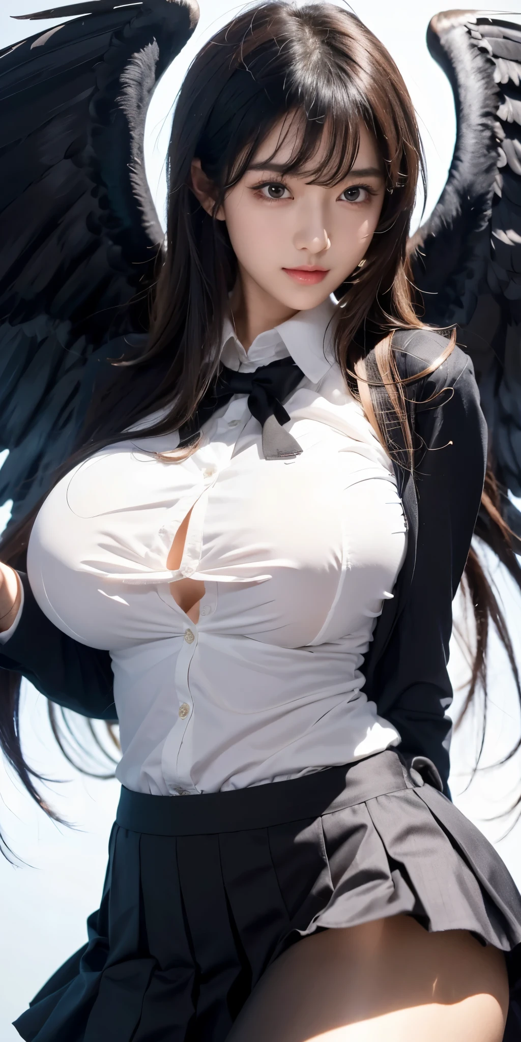 1girl,big breast , black hair, black eyes,high quality, ultra detailed, masterpiece, realistic, school uniform, black wings 