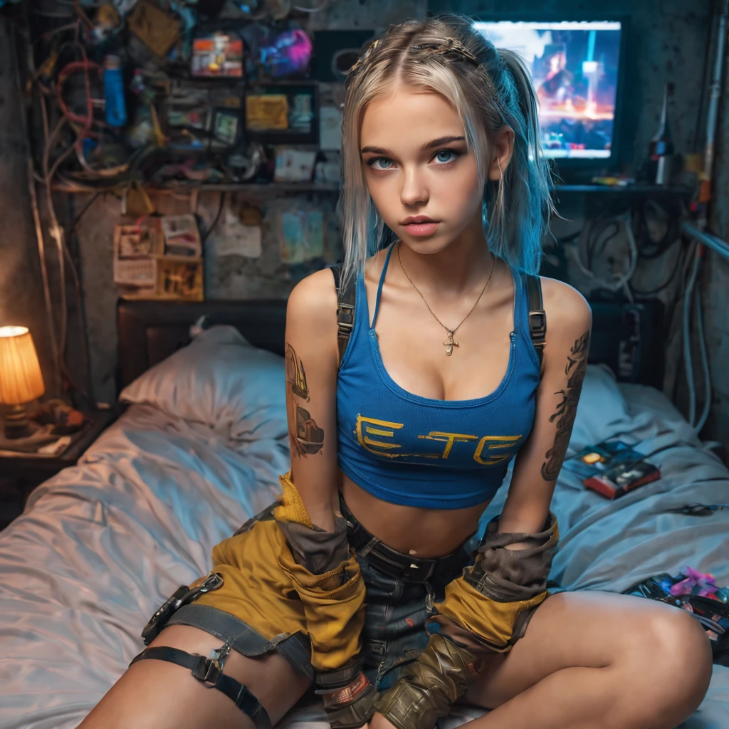 1 girls, 13 years old perfect likeness of TaisaSDXL wearing blue and gold crop top and short skirt pulled up. Clothing torn, girls clothes and face is dirty from battle. She is petite and slim, small girl, short girl, fine detailed eyes, weapons slung over shoulder, sitting on a bed In a cyberpunk steel bunker with hatches etc., in the background. , professionally color graded, professional photography, well drawn, masterpiece, hyper realistic, ultra detailed, high quality, best quality, 4k, 8k, hi resolution, very young girl, young face, cute, beautiful, ((NSFW、realistic)), 