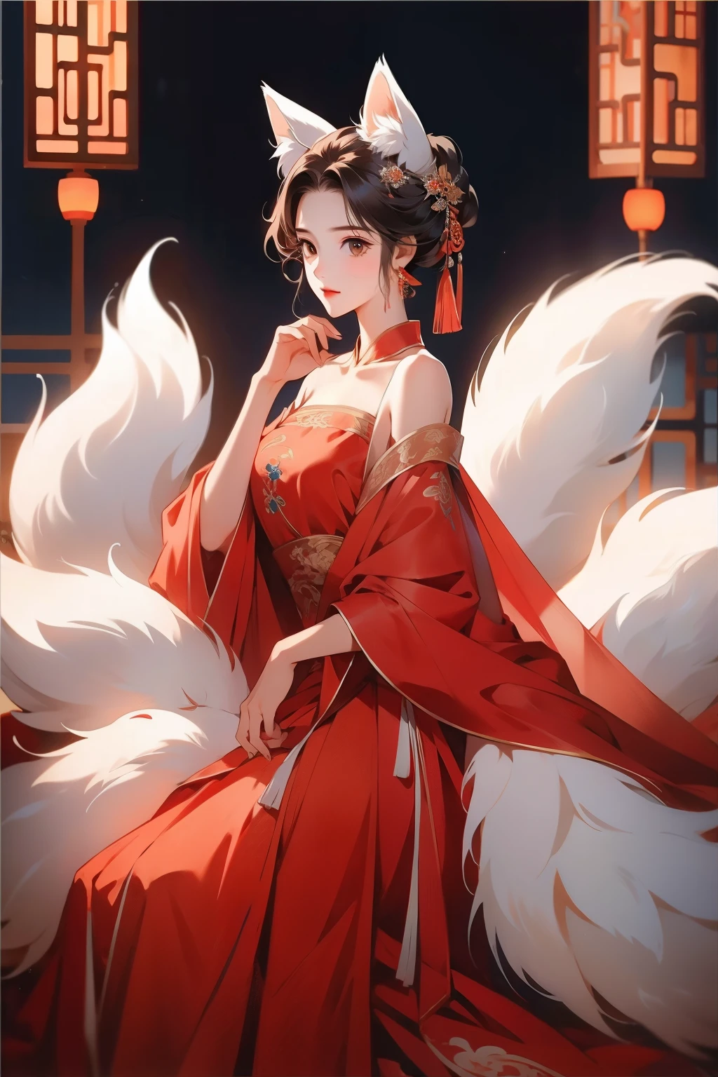 (masterpiece), (best quality), 1girl, girl with fox ears, dudou, Chinese dress, a nine-tail fox, off shoulder