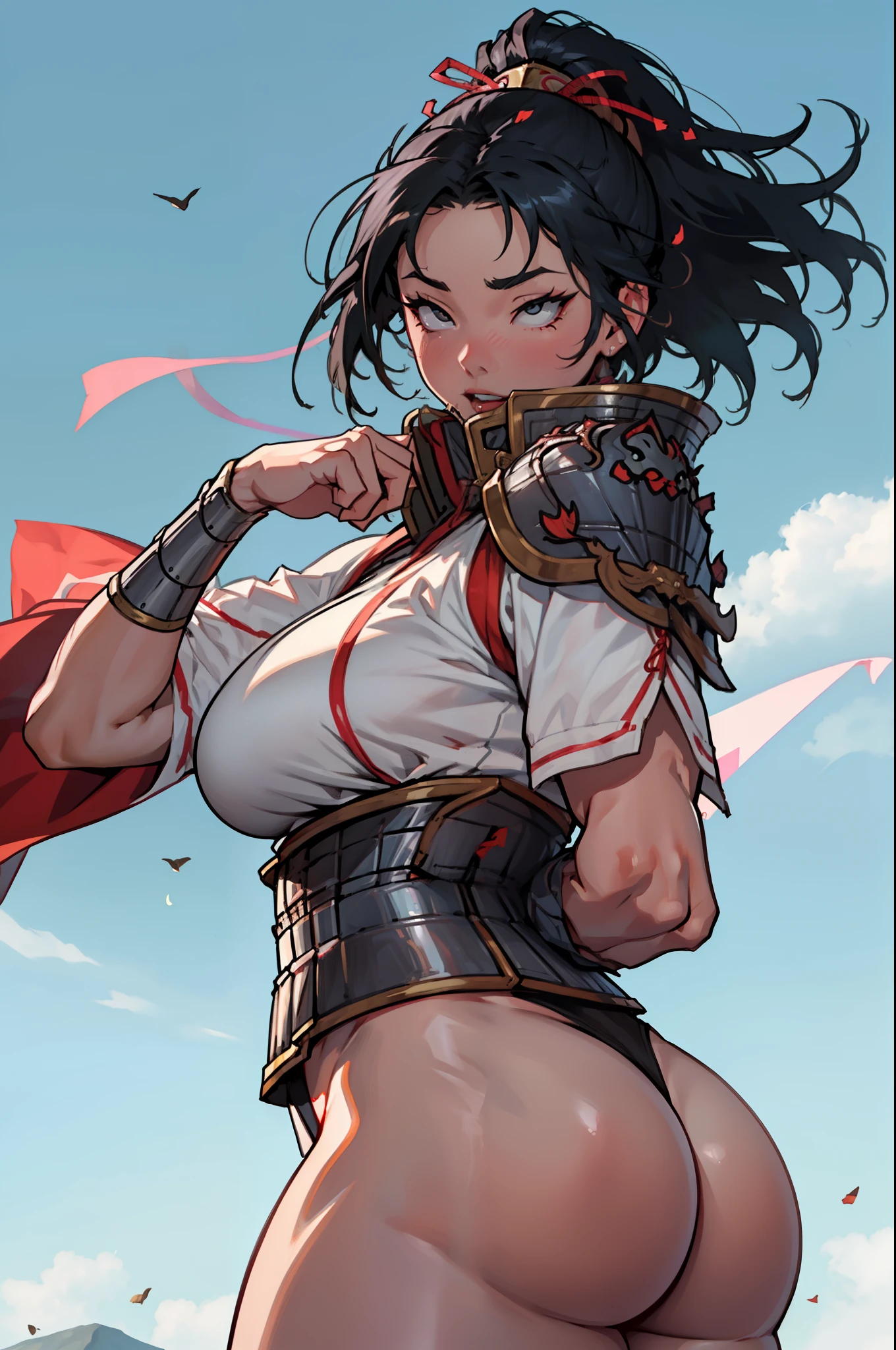 (high resolution, pixel perfect, gorgeous illustrations), (hyper quality, muste piece, etheric: 1.4),(solo:1.4), black hair, pale skin, (((((((muscular))))))), ((thick thighs)), (((wide hips))), ((Big breasts that are about to burst)), (((woman))), ((((mature woman)))), ((UnderButt)), ((wh_chi_armor)), ((gstring)), (lewd girl), ((gray background)), (shiny skin), ((overexposure)), ((facial lash)), ((Ahegao)), rolling eyes,