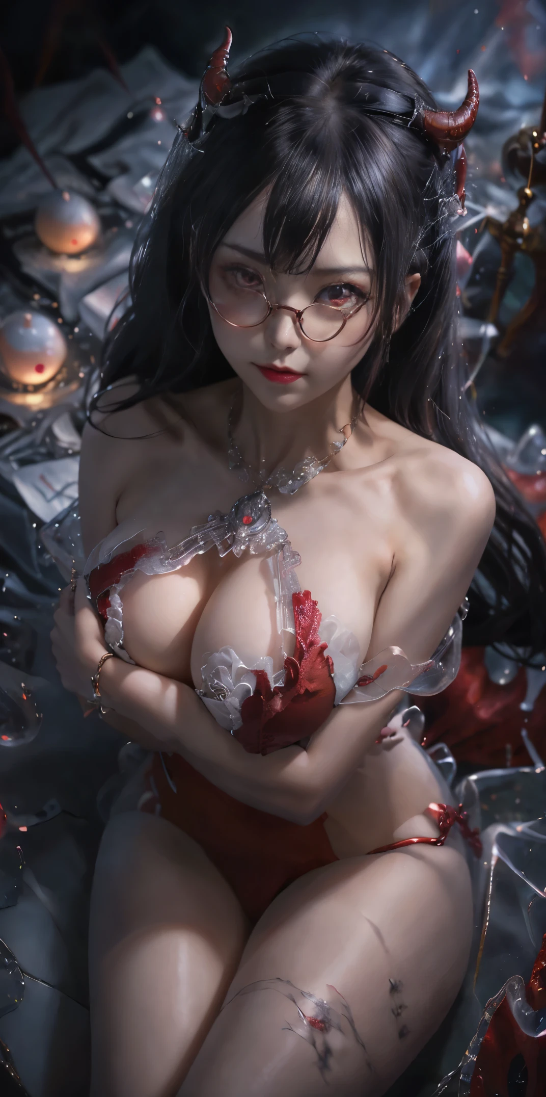 Fine、(The best illustrations)、8k UHD resolution、intricate-detail、top-quality、realisitic、ultra-detailliert、The best lighting、Best Shadows、Soft lighting、Ulutra HD、Dungeon and Dragon、caves、Dungeon、 A Necromancer、natta、Dark style、Succubus、Devil's Daughter、Bat Wings，(((Demon Hornlack-rimmed round glasses))))、(((Colossal tits)))、(Devil's Tail)、(red eyes glowing:1.6)、​masterpiece、beautiful countenance、Tindall Effect、photos realistic、(High Detail Skins:1.2)、8KUHD、Digital SLR、hightquality、a picture、hight resolution、 absurderes、Ponytail distortion、best ratio four finger and one thumb、女の子1人、hair adornments、Red sparkling gemstone necklace、jewely、Beautiful expression、Body Up、Large breasts emphasis、Toned waist、Wide buttocks、Tindall Effect、Photorealsitic、(High Detail Skins:1.2)、pink nipple, pink pussy