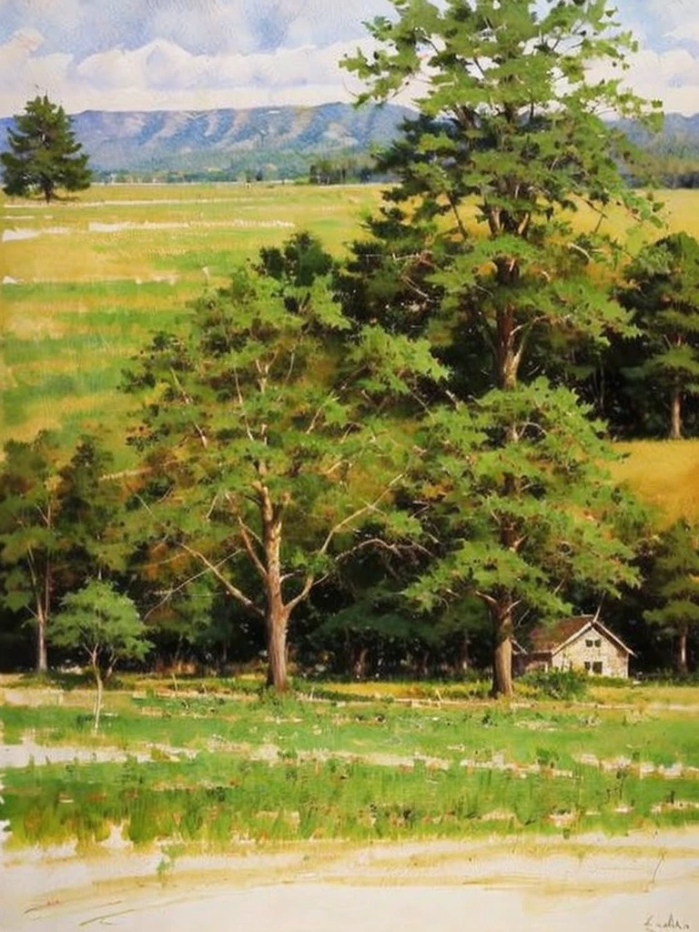 A nice composition landscape, warm weather, lone tree in the foreground, small trees in the distance, watercolor feel, masterpiece, sunny day
