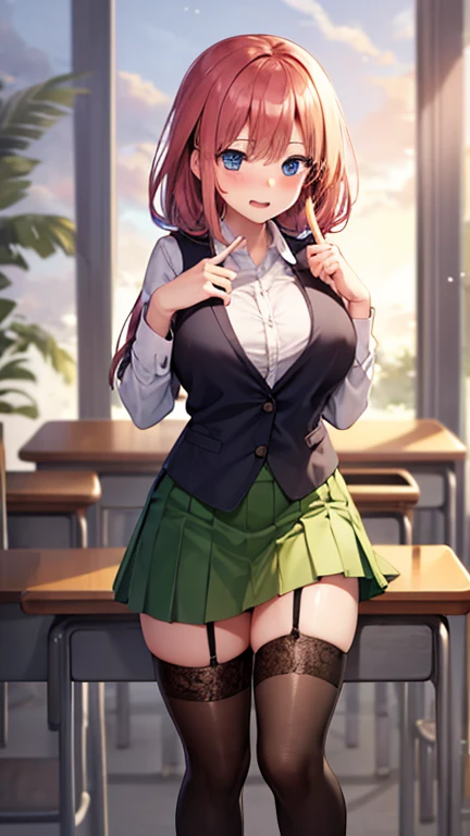 one girl,full body figure,big boobs,big boobs,Perfect five-finger、mini skirt、Black panties are visible、Black Panties、shy face、Voluptuous legs、perfect thing、highest quality、big breasts、detailed description、small details、detailed face、white skin、Nino Nakano、pink heir、butterfly heir ornament、The Bride of Fifths、school uniform、white shirt、summer clothes、green skirt、lift skirt、Skirt flip、classroom、Black Lace Garter Belt、Black lace stockings、erotic pose