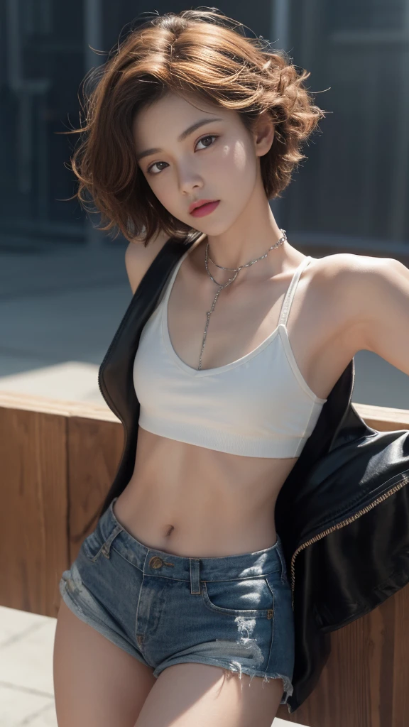 ((Medium chest, tomboyish girls, small head)), sunlight, Sunlight, (chiseled abs : 1.1), (Perfect body : 1.1), (short curly hair : 1.2) , auburn hair, collar, chain, full-body shot, crowded streets, Wearing a black vest, jean jacket, thong，((Briefs)), (Extremely detailed CG 8k wallpaper), (extremely delicate and beautiful), (masterpiece), (best quality:1.0), (ultra high resolution:1.0),  beautiful lights ,perfect lightning, Realistic shadows, [high resolution], Delicate skin, Super detailed