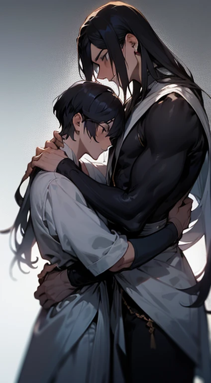 absurdres, highres, ultra detailed, HDR, master piece, best quality, Uchiha Sasuke, black hair, expressive red eyes, Naruto Shippuden, Uzumaki Naruto, blond hair, expressive blue eyes, two sexy men together, gay couple, handsome, white coat, black tight shirt, patterns, toned chest, glass stained window, purple shining butterflies, purple lilies, purple petals