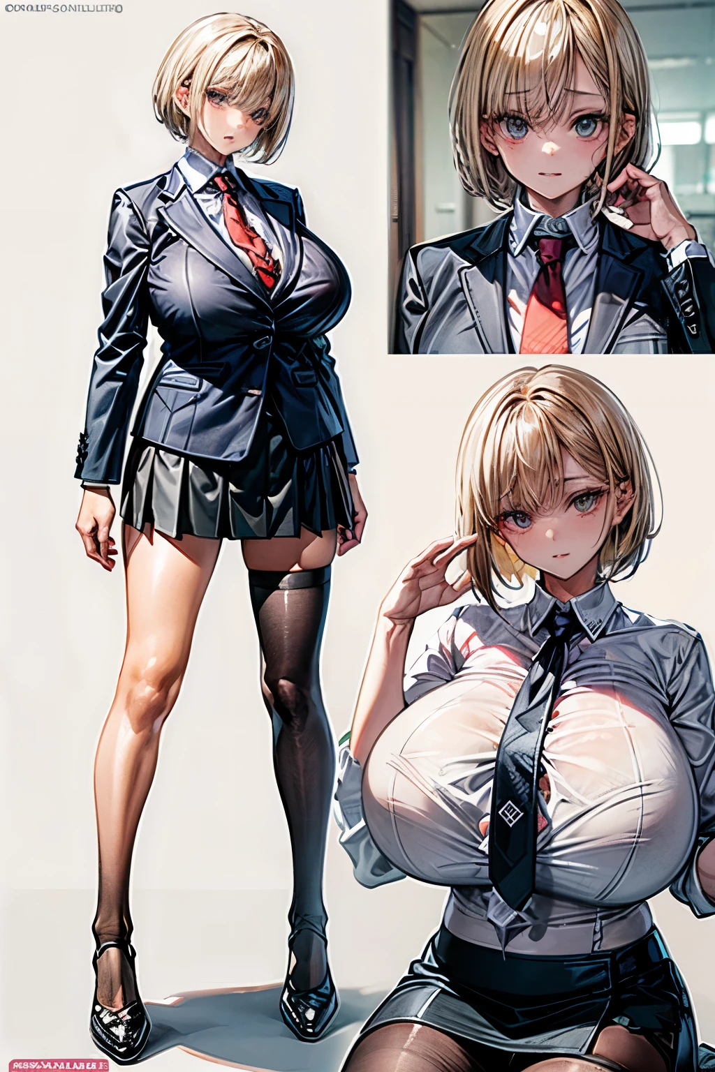 (8K, top-quality, masterpiece: 1.2), (realistic, Photorealistic: 1.2), Intelligent secretary with a curvaceous figure, wearing a (well-tailored business suit:1.5), (Busty: 1.5), (Elegant posture: 1.3), Sitting at a desk, (Beautifully detailed eyes: 1.5), (Blonde hair: 1), (short hair: 1.1), Wearing glasses with a professional look, (Her suit jacket and white shirts are buttoned:1.5), (Polished shoes: 1.1), (Detailed suit fabric: 1.0), gigantic breasts, thigh high stockings, (necktie:1.5), (middle skirt:1.5)