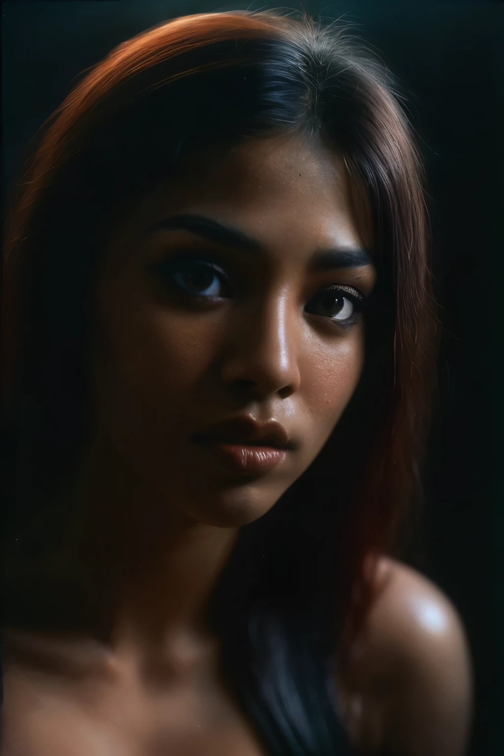 space, Bellydancer, sexy, cleavage, (close-up, editorial photograph of a 21 year old javanese woman), (highly detailed face:1.4) (smile:0.7) (background inside dark, moody, private study:1.3) POV, by lee jeffries, nikon d850, film stock photograph ,4 kodak portra 400 ,camera f1.6 lens ,rich colors ,hyper realistic ,lifelike texture, dramatic lighting , cinestill 800,