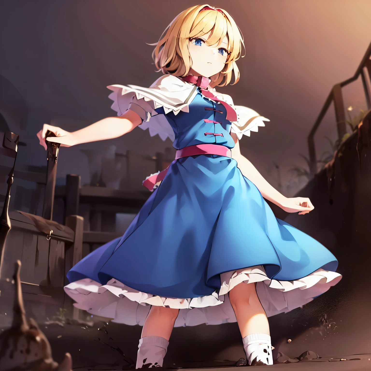 touhou,(alice margatroid:1.4),1girl,solo,blonde hair, blue eyes, capelet,dress,sash, red hairband, short hair, (blue long dress:1.4),(white high socks:1.6),loafers,(muddy clothes:1.4),(brown clothes:1.4), on mud, brown background, mud ground, standing,(from below,front view:1.4)