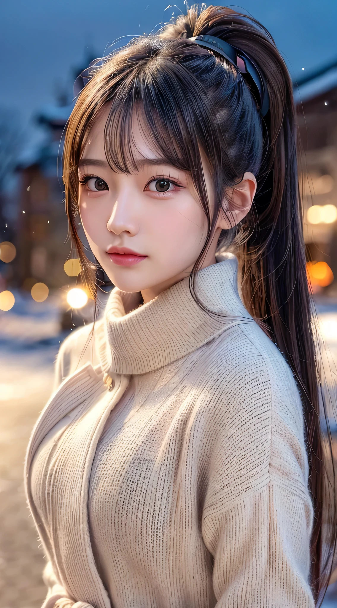 blush,long hair ponytail,big ribbon in her hair,(8K, Raw photo, best quality, muste piece:1.2), (Reality, photorealistic:1.4), (Highly detailed 8K wallpaper), Tits sharp focus, Depth of bounds written, cinematic lighting, soft light, detailed beauty eye,Shiny and smooth light brown ponytail, asymmetrical bangs, shiny skin, super detailed skin ,high resolution, high detail, detailed hairstyle, detailed beauty face, hyper real, perfect limbs, perfect anatomy ,1 Japanese girl,famous japanese idol, perfect female body,shy smile,short eyelashes,double-edged eyelids,look straight here,Hair style is ponytail,wear a ribbon, office,long ponytail hairstyle,Wearing scrunchies,wearing a long coat,The Street,Stand up straight and face me,So that the whole body can be seen,winter,warm clothes,look straight at me,wearing a scarf,It's snowing,european cityscape,cobblestone road,European churches can be seen in the background,in front of a church in europe,night time,illumination is shining,chest is small