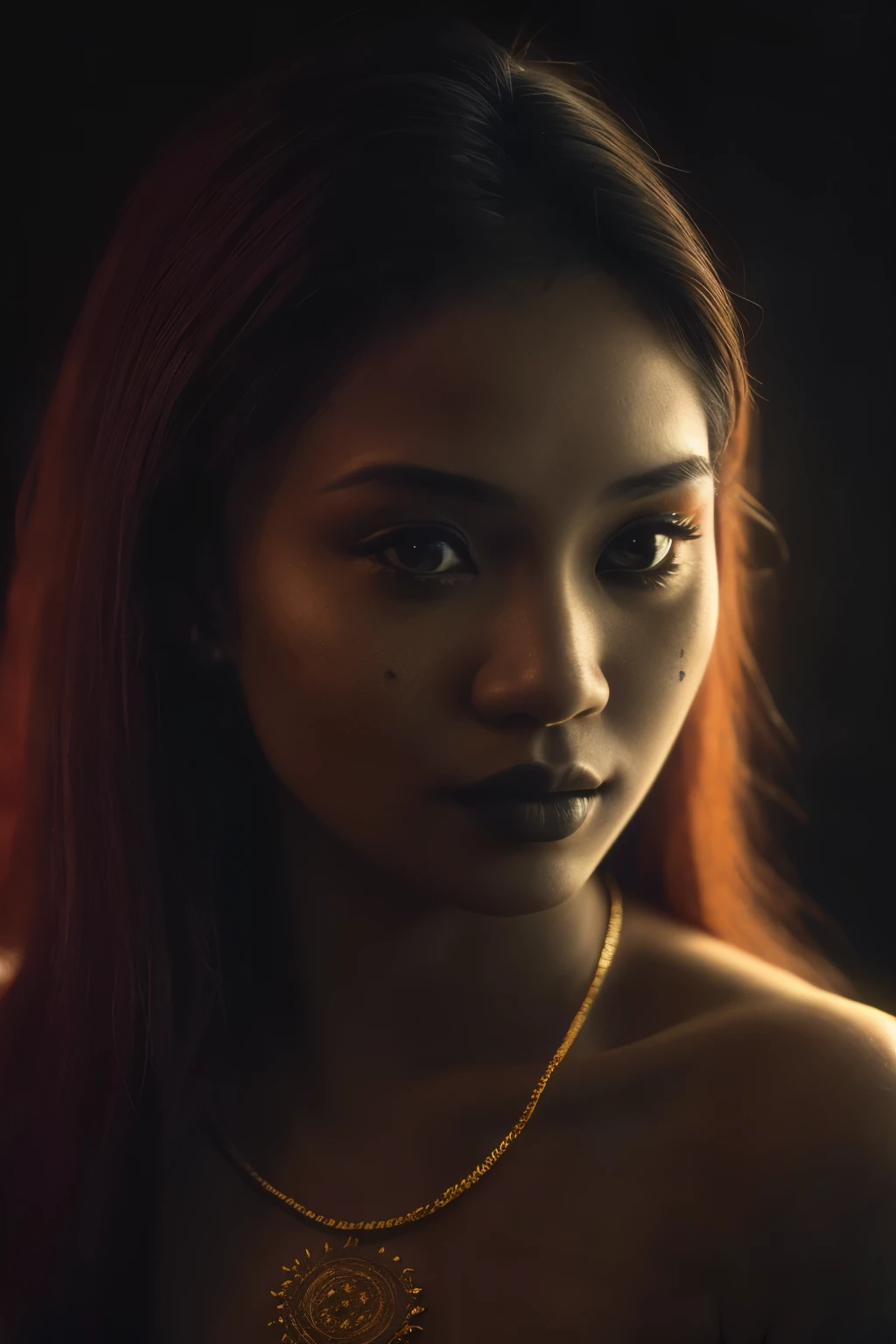 space, Bellydancer, sexy, cleavage, (close-up, editorial photograph of a 21 year old javanese woman), (highly detailed face:1.4) (smile:0.7) (background inside dark, moody, private study:1.3) POV, by lee jeffries, nikon d850, film stock photograph ,4 kodak portra 400 ,camera f1.6 lens ,rich colors ,hyper realistic ,lifelike texture, dramatic lighting , cinestill 800,