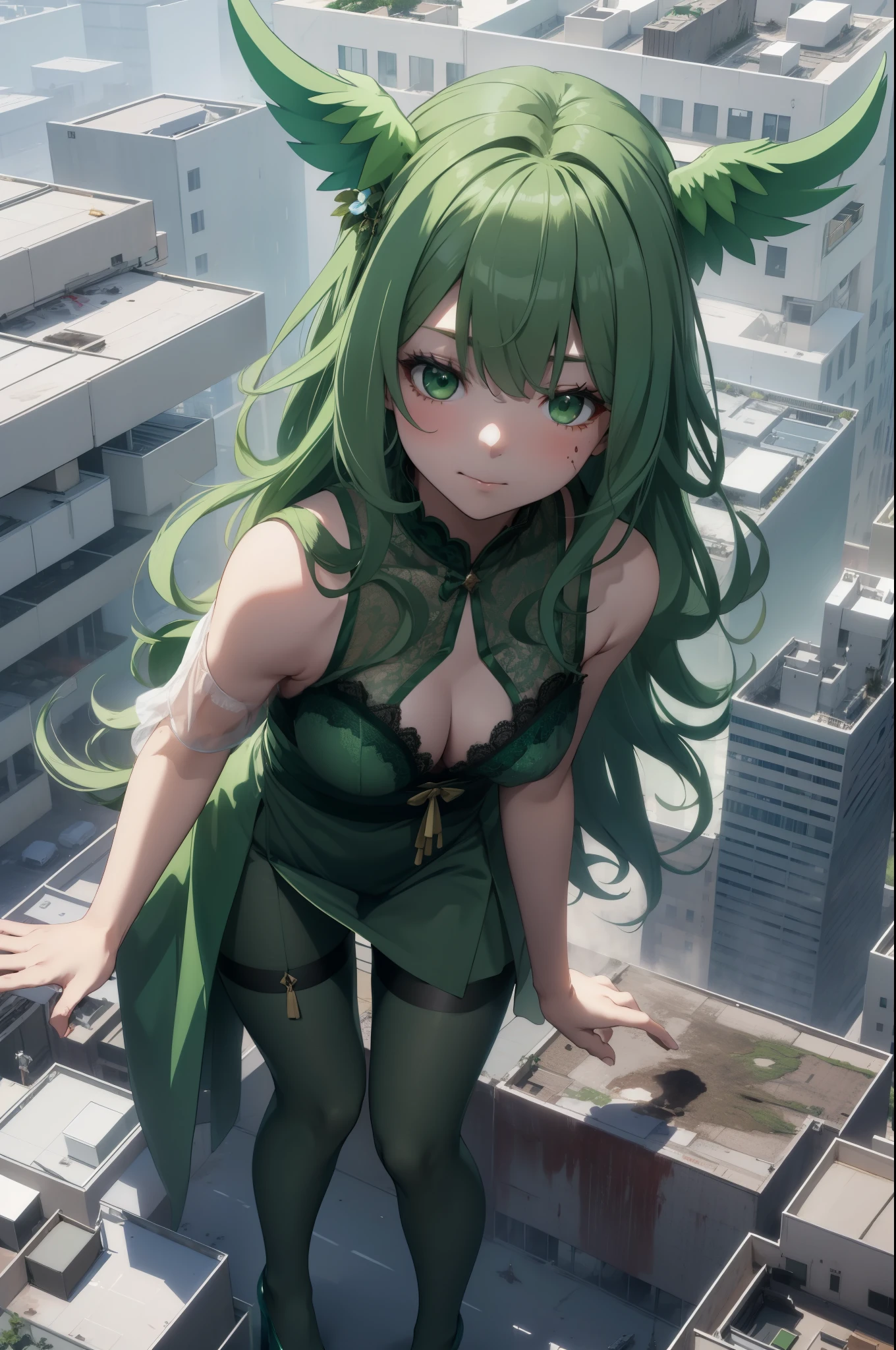 Aerial View，giant girl 50,000 feet high，Weight 1000kg，Have a pair of long legs，Has a pair of huge green angel wings，With huge devil horns on his head，Has waist-length green hair，loose hair，green wavy hair，Wearing a pair of green Mary Jane high heels，Green lace gloves，Green lace pantyhose，绿色蕾丝whole body，Standing upright on a small city，Beautiful appearance，Exquisite makeup，quality，8k，高quality，Perfect proportion, Cinema lighting，film grain，Fuji colors，8k，textured skin，Super details，high detail，high resolution，fake smile，blood stains，脚底有blood stains，whole body，Obese，feather