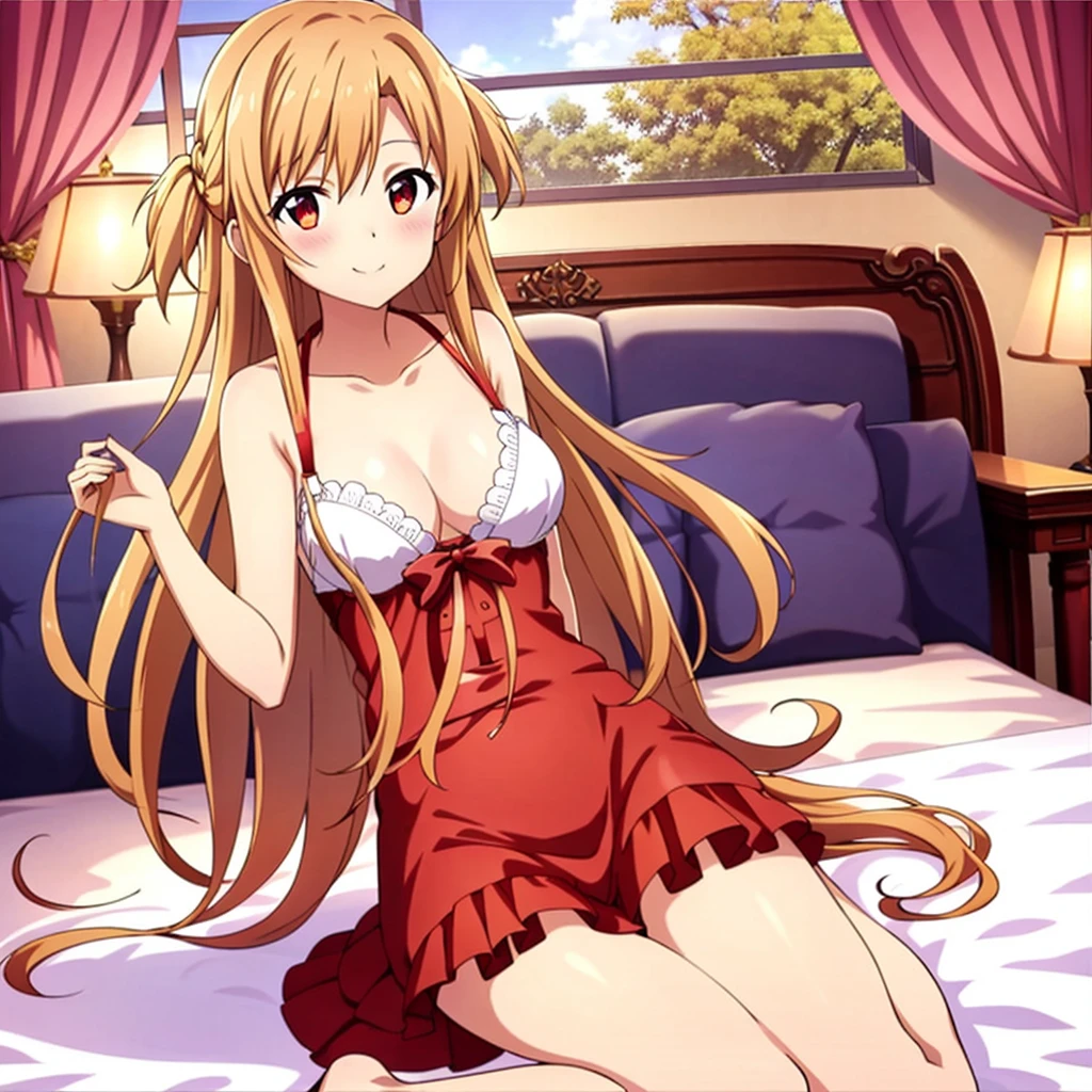 (extraordinary、Best aesthetic、new、up to date、best quality、masterpiece、very detailed、anime、wife:1.2)、1 girl、yuuki_asuna、solo、red ruffled bra、Living room background、Red lace panties、smile、nude、A lot of exposed skin、In underwear