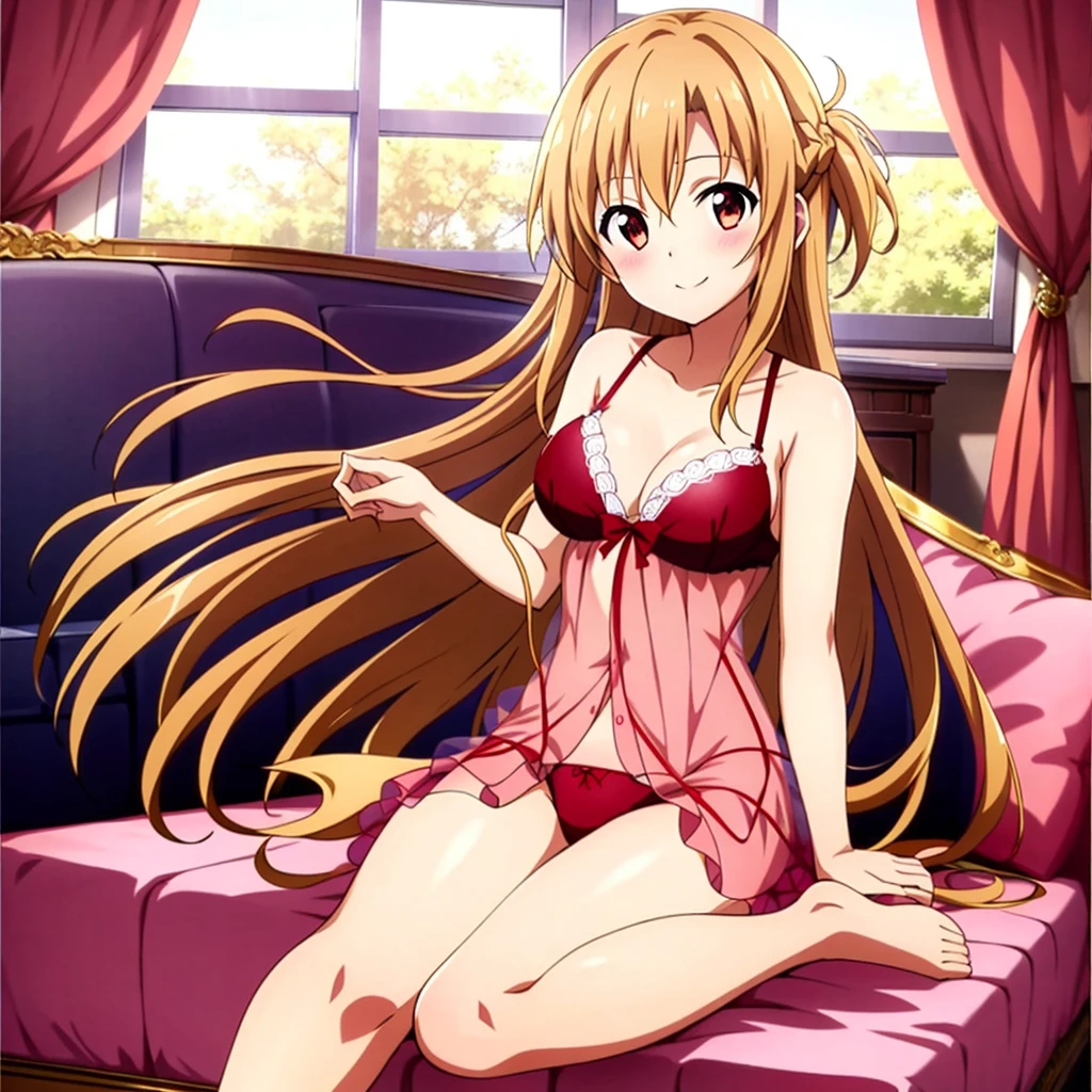 (extraordinary、Best aesthetic、new、up to date、best quality、masterpiece、very detailed、anime、wife:1.2)、1 girl、yuuki_asuna、solo、red ruffled bra、Living room background、Red lace panties、smile、nude、A lot of exposed skin、In underwear
