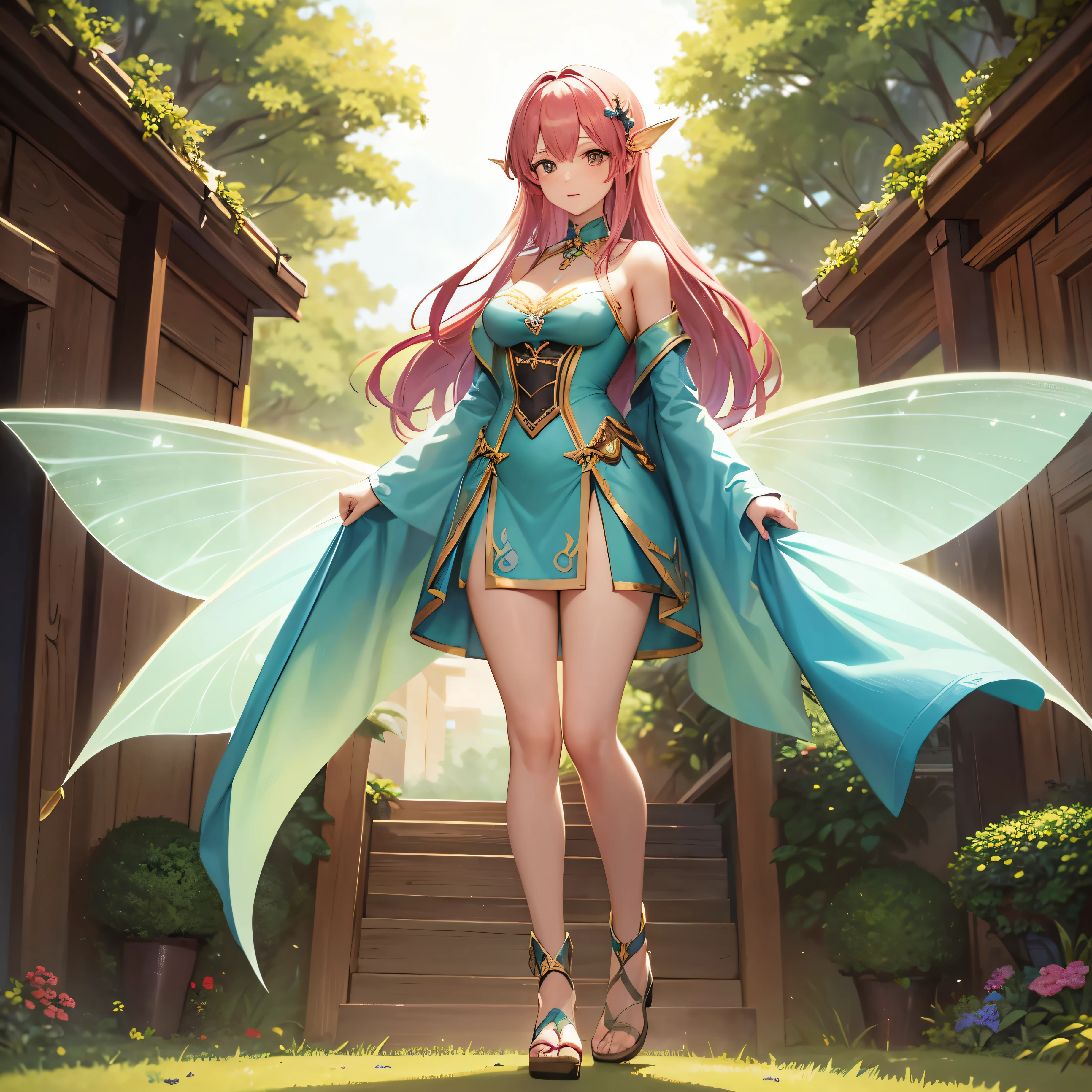 Adult 25 years old woman Flying fairy wearing fairy clothes design outfit , detailed fairy clothes outfit , character design , standing full body facing toward the camera