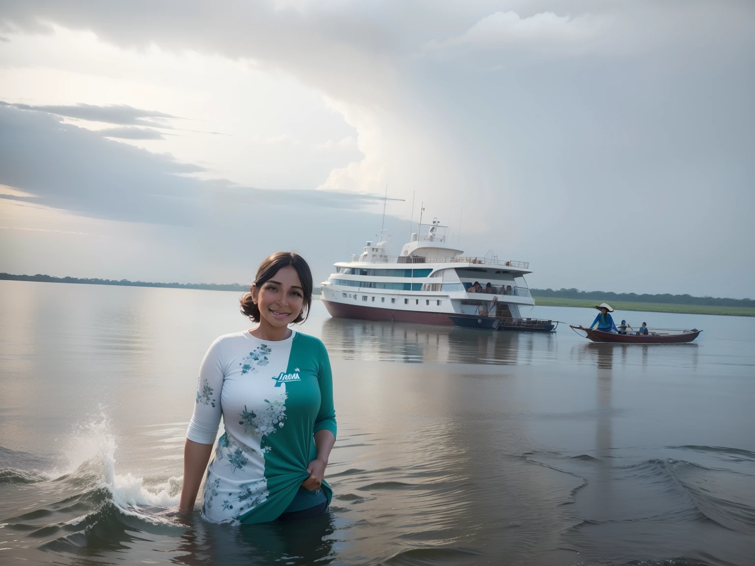 Mulher estilo pixar, alta qualidade no pantanal, feliz com o barco Kayama saindo para pescaria. 