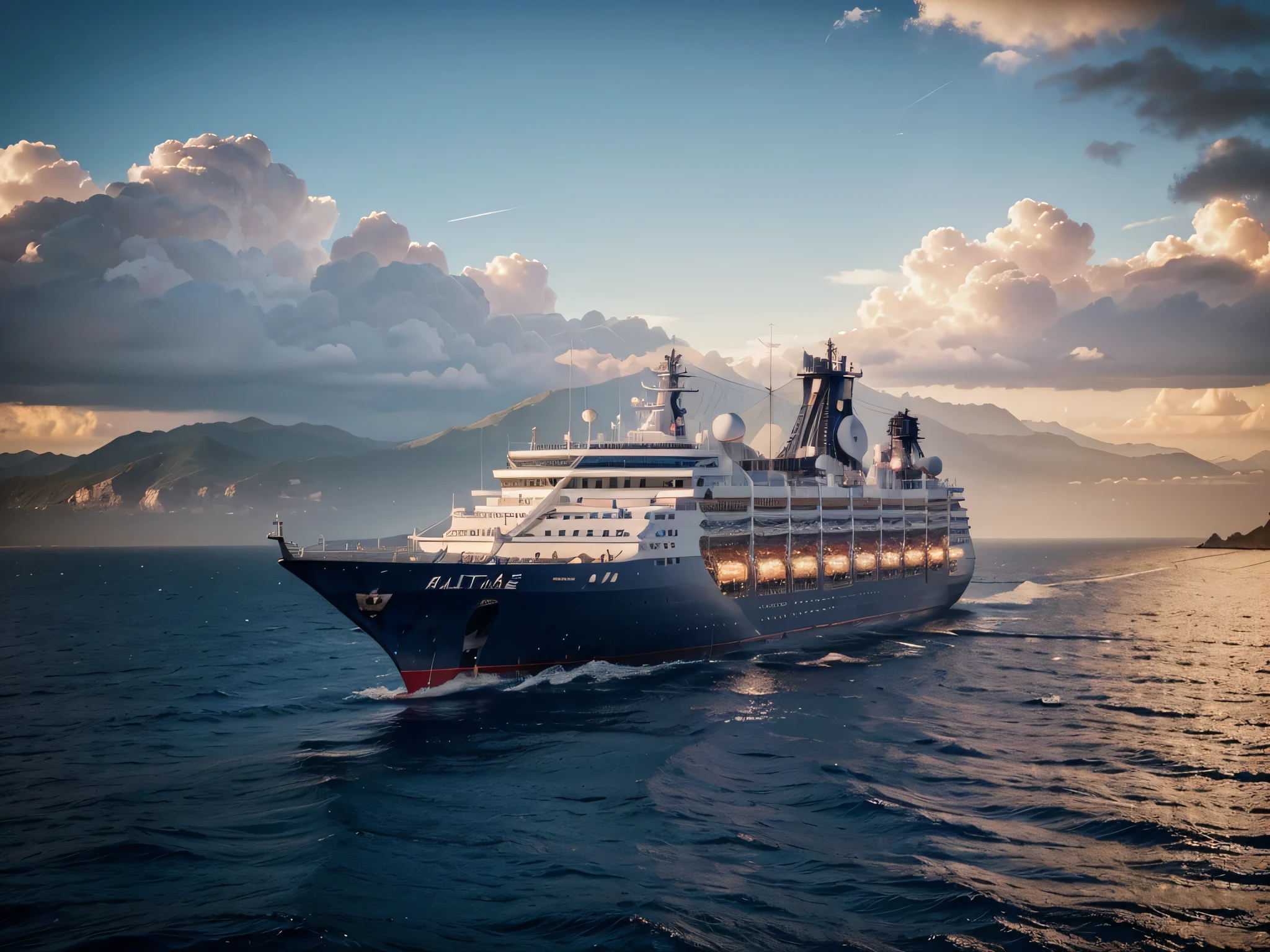 piarate ship at sea, islands arround, Ultrarealistic photo, photorealistic, (obra de arte, melhor qualidade, ultra-detalhado, melhor sombra), (fundo detalhado, sky, Raio, (better lighting), ((cinematic light)), colorida, hiper detalhe, Dramatic light, detalhes intrincados, 4k, 8k