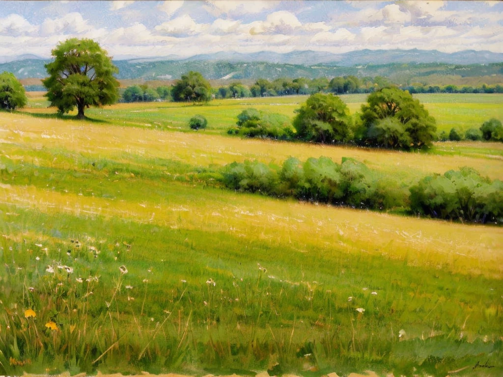 A nice composition landscape, warm weather, small trees in the distance, watercolor feel, masterpiece, sunny day, grassy fields, clouds in the sky
