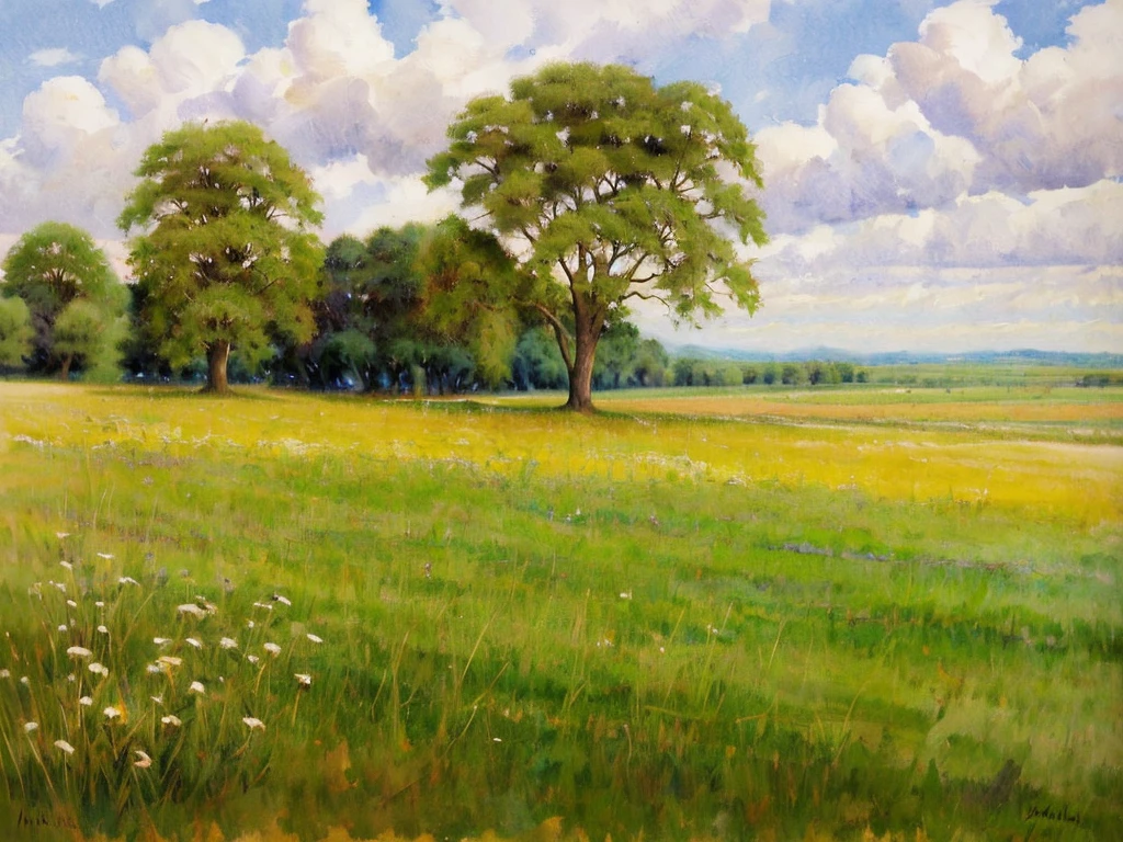 A nice composition landscape, warm weather, small trees in the distance, watercolor feel, masterpiece, sunny day, grassy fields, clouds in the sky