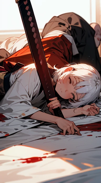 Three men，Embrace，Two long hairs，A short haircut，lying down，long white hair，kimono，Samurai sword，，Blood