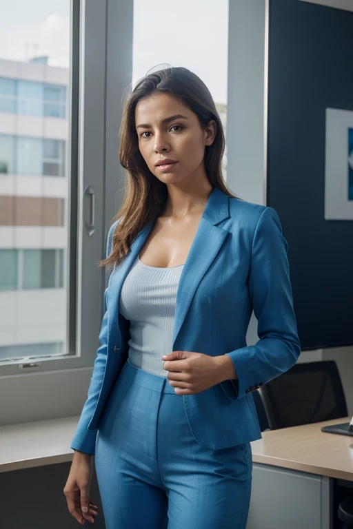 (8k, RAW photo, best quality, masterpiece: 1.2), (realistic, photorealistic: 1.37), 1 woman well dressed standing in a office, phone in one hand, day, sunny morning, professional lighting, photon mapping, radiosity, Brazilian woman, torn, blues nice blue pants suit, use one face of first image, be accurate as possible in details