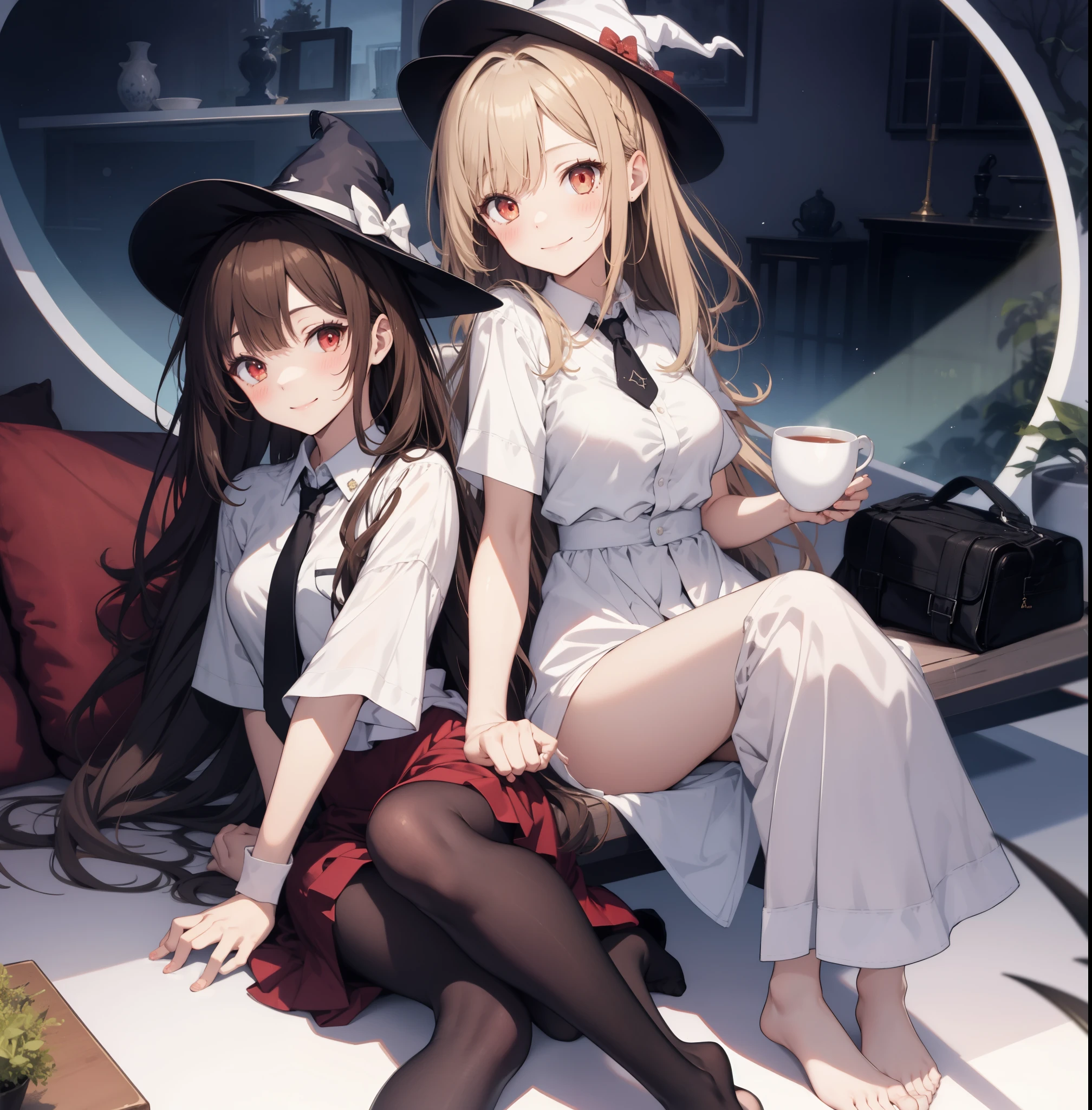 two witches in dresses sitting , hat, 2girls, multiple girls, necktie, witch hat, holding cup, sitting, dress, socks, smile, window, tea, brown hair, saucer, long hair, short sleeves, blonde hair, red eyes, indoors, looking at viewer, closed mouth, white shirt, couch, shirt, pantyhose, black headwear, bangs, red dress, blush, feet out of frame