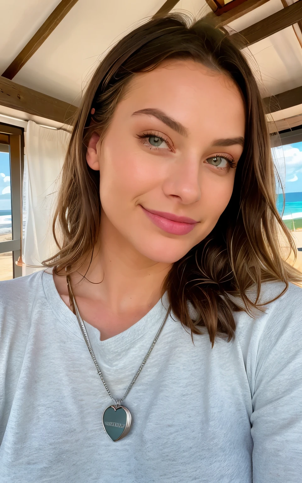 Beautiful brunette with blonde highlights, who is wearing a white cutout top (in her cozy room), Sehr detailiert, 22 Jahre alt, Gesicht unschuldig, Natural wavy hair, blaue Augen, high resolution, Meisterwerk, best quality, komplizierte hohe Detailgenauigkeit, sehr detailliert, scharfer Fokus, detaillierte Haut, realistic skin Textur, Textur, Detaillierte Augen, Fachmann, 4K, charming smile, gefilmt mit Canon, 85 mm, shallow depth of field, Kodak Vision Color, perfectly fitting body, Extremely detailed, Fotografier_\(Ultra\), fotorealistisch, Realistisch, Nachbehandlung, maximale Details, Rauheit, wahres Leben, Ultra realist, Fotorealismus, Fotografie, 8K UHD, Fotografie, ((Upper body selfie, Happy)), Meisterwerk, best quality, ultradetailliert, am Strand, (Tag), Natur, heiter, Blick auf das Meer, Happy, Rucksack, Strandhut, pink shirt small sleeves closed, Schatten, Kontrast, klarer Himmel, Stil, (warmer Farbton, warmer Ton: 1.2), Nahaufnahme, Filmisches Licht, Seitenbeleuchtung, Ultrahigh resolution, bester Schatten, ROH, Gesichtsteil, ernster Blick, Normal breasts, 4K,