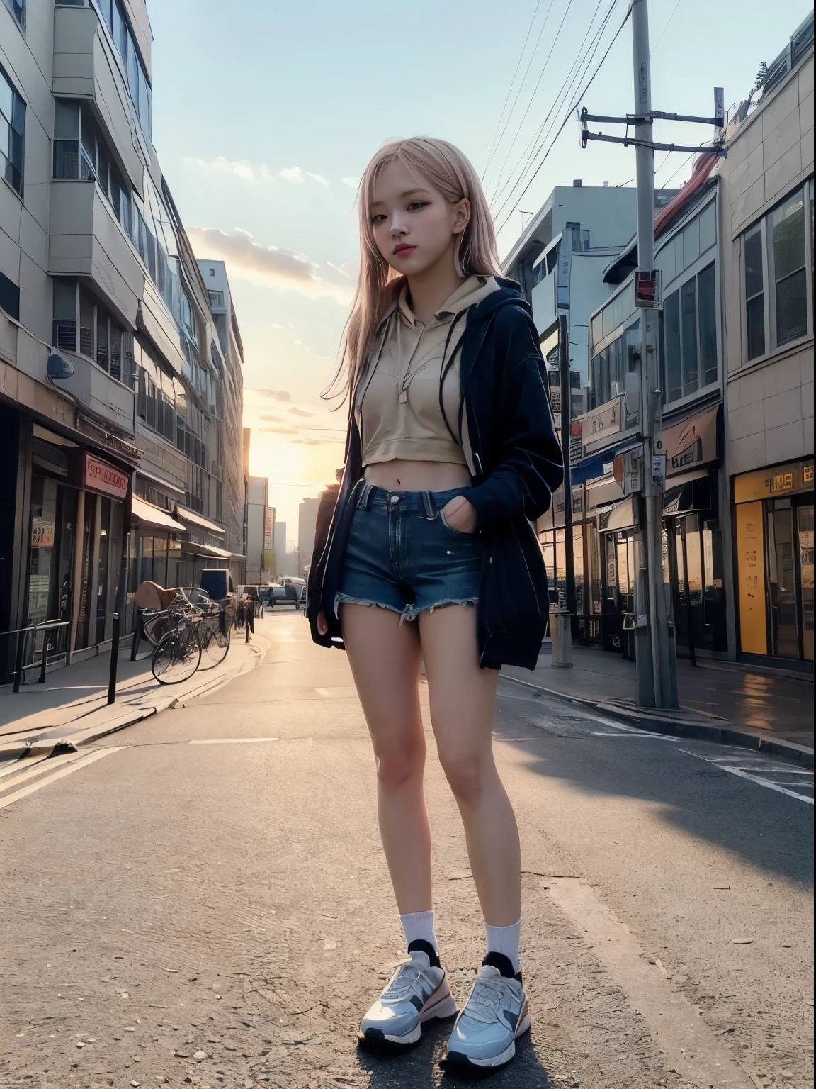 masterpiece: 1.4, (8K, Reality, RAW photograph, best quality: 1.4), bright lighting, beautiful detailed eyes, real skin:1.3, Beautiful skins, Attractive, high resolution, Ultra photo realism, Detailed: 1.6, ((hoodie:1.6, denim shorts:1.6, sport shoes:1.6)), slim body:1.3, small breast, slim legs:1.5, dynamic pose, ((standing in the middle of city streets:1.5)), (symmetrical cityscape), ((sunset:1.5)), (backlighting:1.6), (Manhattanhenge), (show head:2.0), (low angle), (wide angle), smiling, (blonde hair:1.3), 1girl, (rose blackpink)