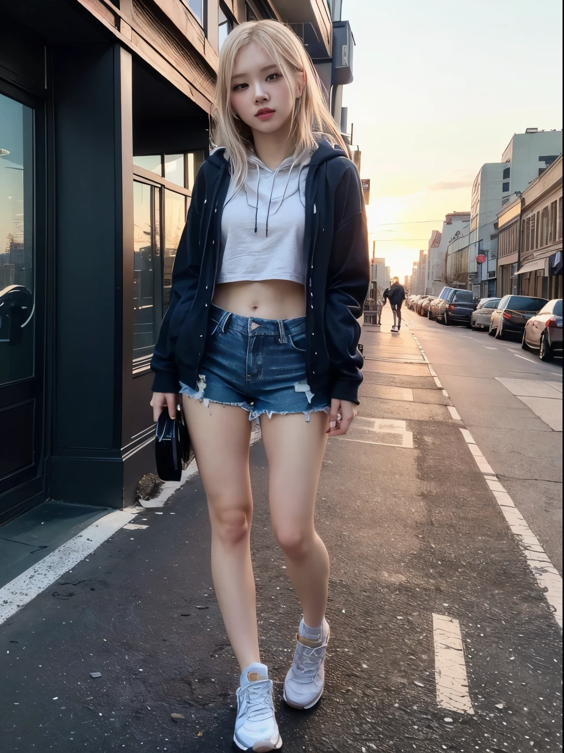 masterpiece: 1.4, (8K, Reality, RAW photograph, best quality: 1.4), bright lighting, beautiful detailed eyes, real skin:1.3, Beautiful skins, Attractive, high resolution, Ultra photo realism, Detailed: 1.6, ((hoodie:1.6, denim shorts:1.6, sport shoes:1.6)), slim body:1.3, small breast, slim legs:1.5, dynamic pose, ((standing in the middle of city streets:1.5)), (symmetrical cityscape), ((sunset:1.5)), (backlighting:1.6), (Manhattanhenge), (show head:2.0), (low angle), (wide angle), smiling, (blonde hair:1.3), 1girl, (rose blackpink)