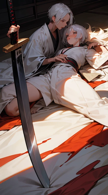 Three men，Embrace，Two long hairs，A short haircut，lying down，long white hair，kimono，Samurai sword，，Blood