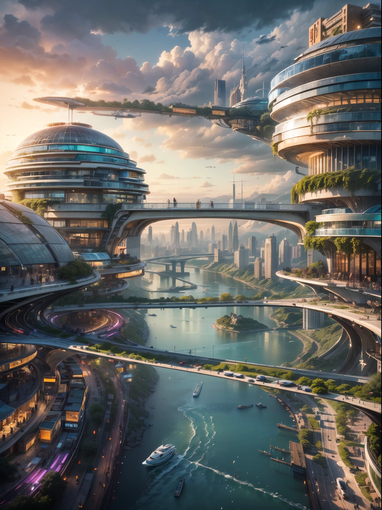 (best quality,4k,8k,highres,masterpiece:1.2),ultra-detailed,(realistic,photorealistic,photo-realistic:1.37),futuristic floating city,futuristic technology,city on a gigantic high-tech flat platform,airship,floating in the sky,futuristic city,small airship around,high-tech half-sphere platform,colorful lights,advanced architecture,modern buildings,skyscrapers,reaching the clouds,awe-inspiring view,urban landscape,impressive design,seamless integration with nature,dynamic and vibrant atmosphere,futuristic transport system,hovering vehicles,transparent pathways,lush greenery,hanging gardens,cascading waterfalls,magnificent skyline,reflection on the water,sparkling river,architectural innovation,futuristic skyscrapers,transparent domes,unusual shaped buildings,elevated walkways,impressive skyline,glowing lights,futuristic technology,minimalist design,scenic viewpoints,panoramic view,cloud-piercing towers,vibrant colors,epic sunrise,epic sunset,dazzling display of lights,magical ambiance,city of the future,urban utopia,luxurious lifestyle,innovative energy sources,sustainable development,smart city technology,advanced infrastructure,tranquil atmosphere,harmonious coexistence of nature and technology,awe-inspiring cityscape,unprecedented urban planning,seamless connection between buildings and nature,high-tech metropolis,cutting-edge engineering marvels,future of urban living,visionary architectural concepts,energy-efficient buildings,harmony with the environment,city floating above the clouds,utopian dreams turned reality,limitless possibilities,advanced transportation network,green energy integration,innovative materials,impressive holographic displays,advanced communication systems,breathtaking aerial views,peaceful and serene surroundings,modernist aesthetics,ethereal beauty