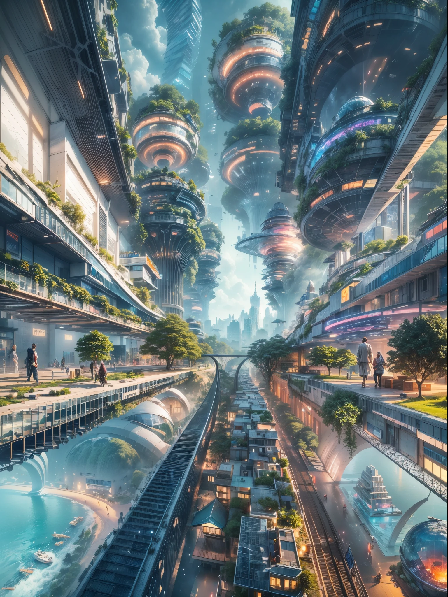 (best quality,4k,8k,highres,masterpiece:1.2),ultra-detailed,(realistic,photorealistic,photo-realistic:1.37), BREAK,futuristic floating city,futuristic technology,city on a gigantic high-tech flat platform,airship,floating in the sky,futuristic city,small airship around,high-tech half-sphere platform,colorful lights,advanced architecture,modern buildings,skyscrapers,reaching the clouds,awe-inspiring view,urban landscape,impressive design,seamless integration with nature,dynamic and vibrant atmosphere BREAK futuristic transport system,hovering vehicles,transparent pathways,lush greenery,hanging gardens,cascading waterfalls,magnificent skyline,reflection on the water,sparkling river,architectural innovation,futuristic skyscrapers,transparent domes,unusual shaped buildings,elevated walkways,impressive skyline,glowing lights,futuristic technology,minimalist design,scenic viewpoints,panoramic view,cloud-piercing towers, BREAK vibrant colors,epic sunrise,epic sunset,dazzling display of lights,magical ambiance,city of the future,urban utopia,luxurious lifestyle,innovative energy sources,sustainable development,smart city technology,advanced infrastructure,tranquil atmosphere,harmonious coexistence of nature and technology,awe-inspiring cityscape,unprecedented urban planning,seamless connection between buildings and nature,high-tech metropolis,cutting-edge engineering marvels,future of urban living,visionary architectural concepts,energy-efficient buildings,harmony with the environment BREAK,city floating above the clouds,utopian dreams turned reality,limitless possibilities,advanced transportation network,green energy integration,innovative materials,impressive holographic displays,advanced communication systems,breathtaking aerial views,peaceful and serene surroundings,modernist aesthetics,ethereal beauty