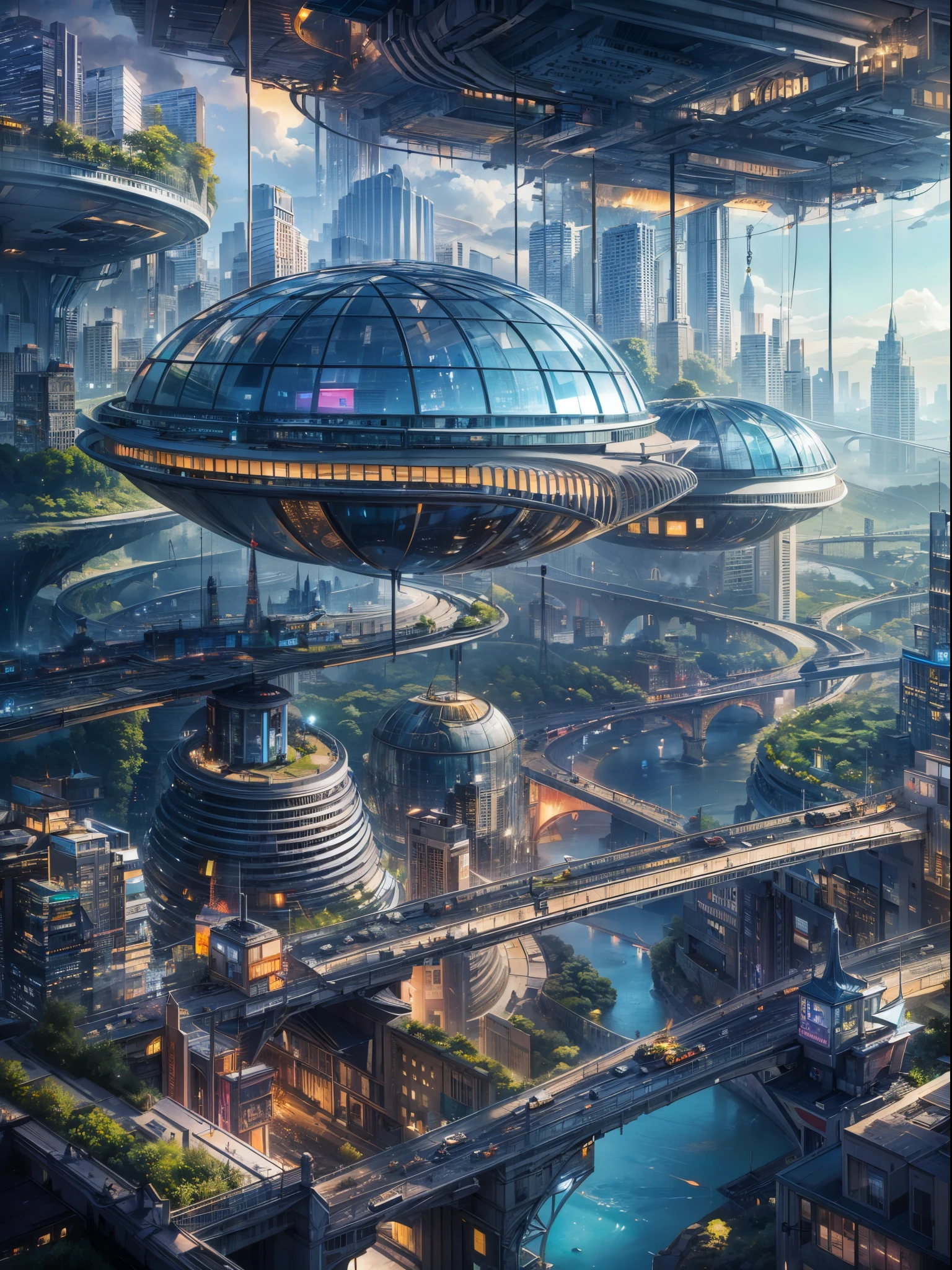 (best quality,4k,8k,highres,masterpiece:1.2),ultra-detailed,(realistic,photorealistic,photo-realistic:1.37),futuristic floating city,futuristic technology,city on a gigantic high-tech flat platform,airship,floating in the sky,futuristic city,small airship around,high-tech half-sphere platform,colorful lights,advanced architecture,modern buildings,skyscrapers,reaching the clouds,awe-inspiring view,urban landscape,impressive design,seamless integration with nature,dynamic and vibrant atmosphere,futuristic transport system,hovering vehicles,transparent pathways,lush greenery,hanging gardens,cascading waterfalls,magnificent skyline,reflection on the water,sparkling river,architectural innovation,futuristic skyscrapers,transparent domes,unusual shaped buildings,elevated walkways,impressive skyline,glowing lights,futuristic technology,minimalist design,scenic viewpoints,panoramic view,cloud-piercing towers,vibrant colors,epic sunrise,epic sunset,dazzling display of lights,magical ambiance,city of the future,urban utopia,luxurious lifestyle,innovative energy sources,sustainable development,smart city technology,advanced infrastructure,tranquil atmosphere,harmonious coexistence of nature and technology,awe-inspiring cityscape,unprecedented urban planning,seamless connection between buildings and nature,high-tech metropolis,cutting-edge engineering marvels,future of urban living,visionary architectural concepts,energy-efficient buildings,harmony with the environment,city floating above the clouds,utopian dreams turned reality,limitless possibilities,advanced transportation network,green energy integration,innovative materials,impressive holographic displays,advanced communication systems,breathtaking aerial views,peaceful and serene surroundings,modernist aesthetics,ethereal beauty