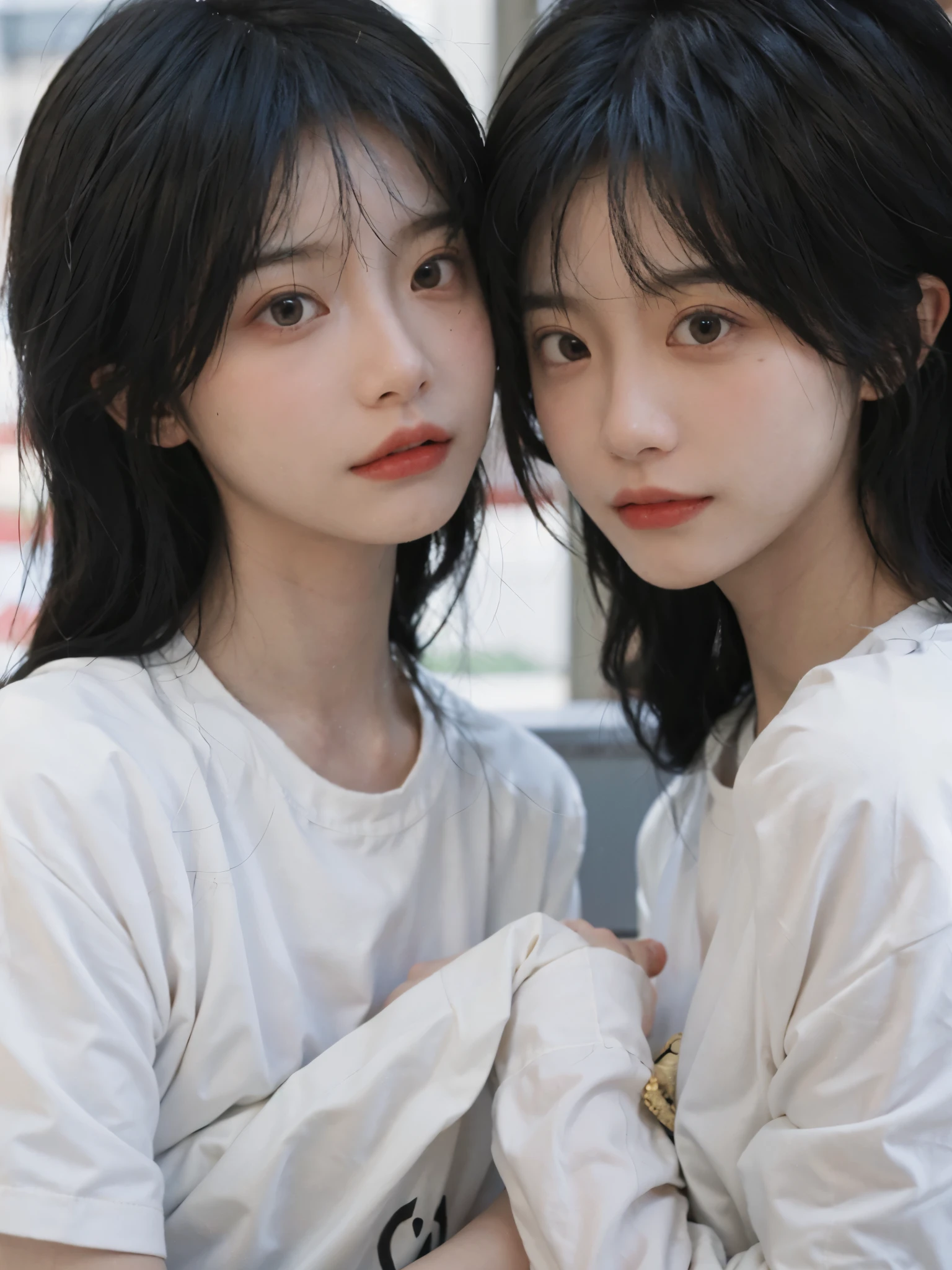 best quality, ultra high resolution, White background,(Upper body:1.4)(realistically:1.4), 2个girl, gold short sleeves,twin,A pair of eyes as clear as snow,Royal sister,girl,looking at the audience, close up ,