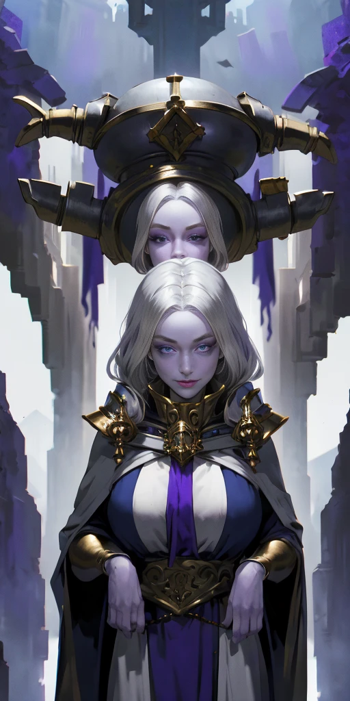 (Triplets)(chest covered)(smile)Gray skin, pale golden hair and violet eyes. They prefer clothing of white and silver with cloaks of deep blue or purple, huge_knockers, ((very precise detailed)) ((high res), Golden bracers (plain background)