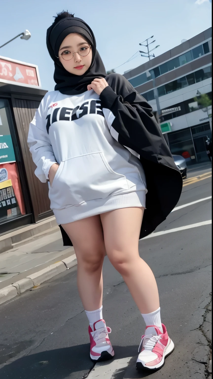 Hijab, glasses, high sneakers, black eye, paha yang terlihat, belahan dada, sangat cantik, menggoda, tubuh chubby, pakaian ketat