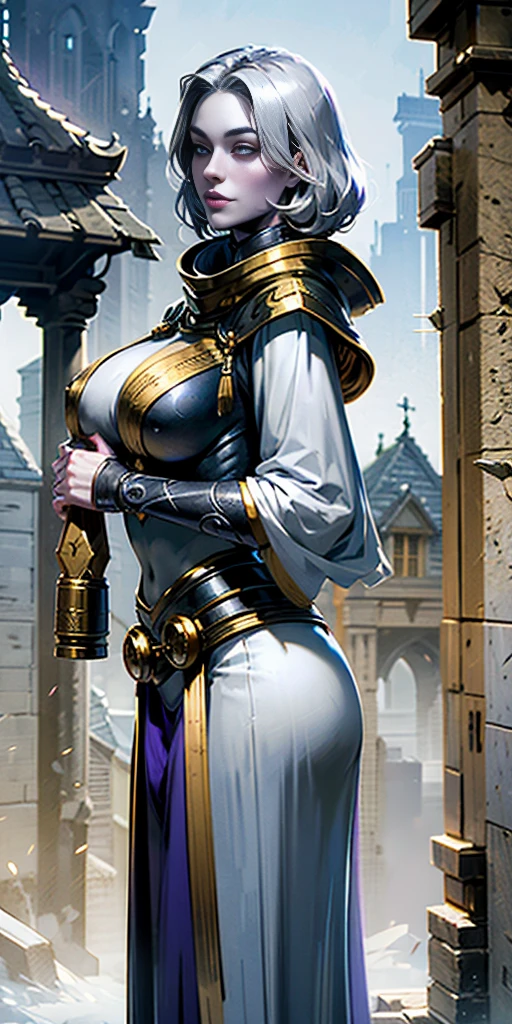 (Triplets)(chest covered)(smile)Gray skin, pale golden hair and violet eyes. They prefer clothing of white and silver with cloaks of deep blue or purple,village background, huge_knockers, ((very precise detailed)), ((highres)
