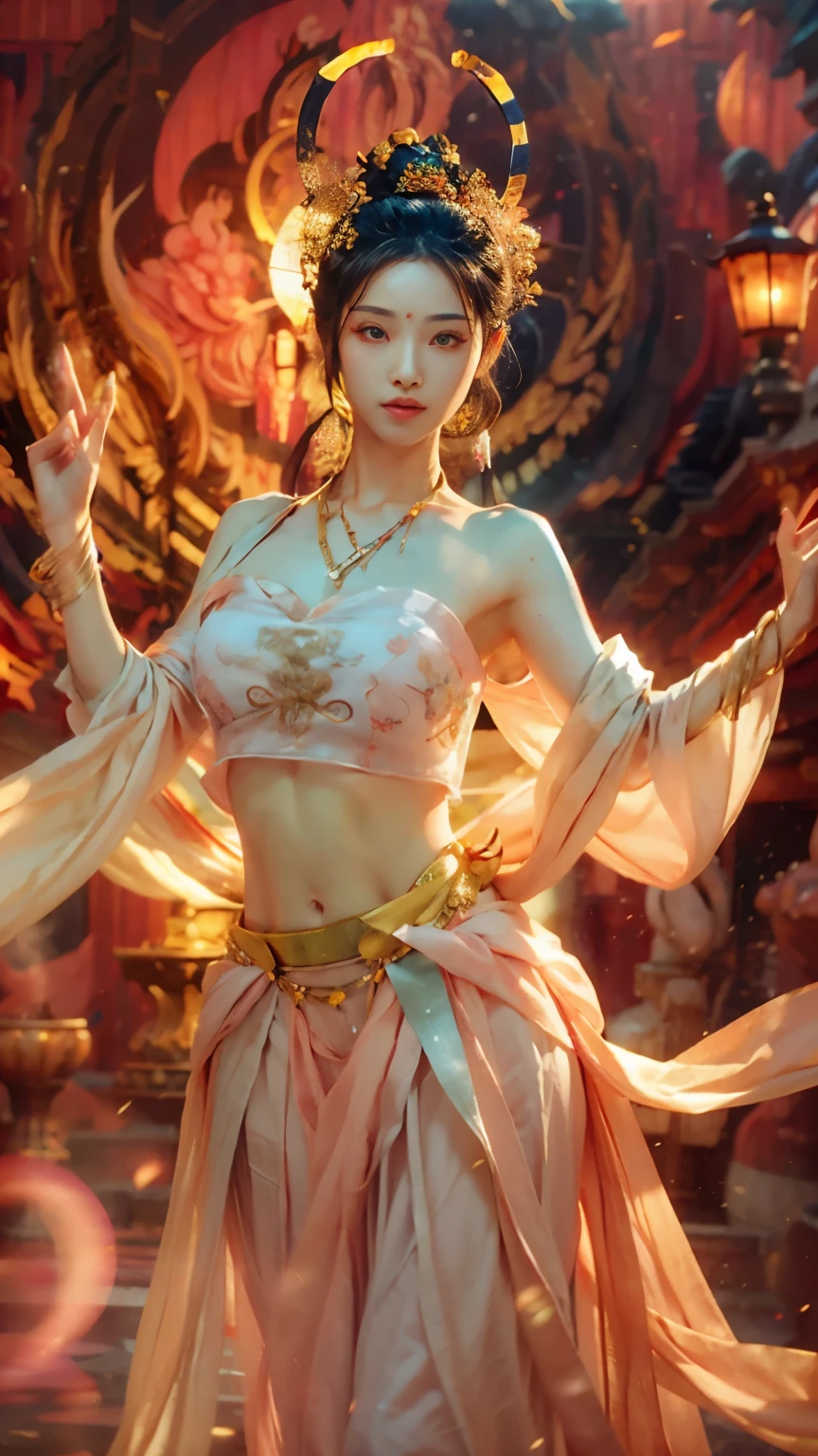 original photo, actual, (Photo actual: 1.3), best quality, masterpiece, Ultra-detailed, Extreme details, 8k wallpaper, actual Detail, light, illustration, 1 girl, superior_Body, dynamic angle, world mastery theater, best quality, extremely exquisite beautiful girl, perfect face, Exquisite facial features, slender hands, Thin eyelashes, exquisite eyes, Soft and fair skin, Sexy collarbone, dance, Dunhuang_skirt, lotus, bare shoulders, stunning beauty, abdomen, navel, Astonishing, Sexy, peach blossom eyes, Light makeup, Smile, lens_flare, Mural background, ribbon, floating, lantern,